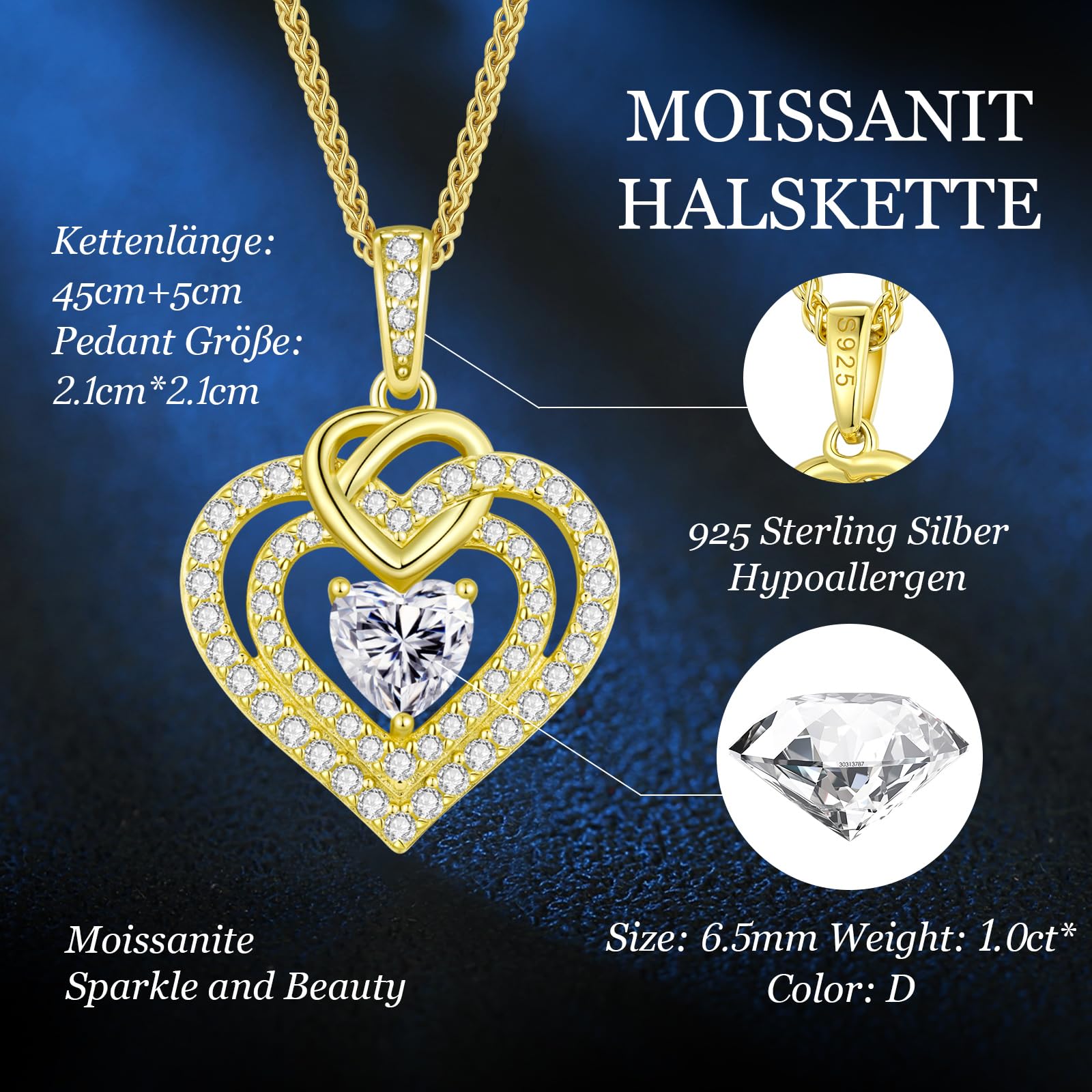 CDE Collana Doppio Cuore Argento S925 Gioielli Donna con Moissanite | VVS1 Colore D Lunga Collana San Valentino per Lei Anniversario Compleanno Regalo di Fidanzata,Amica,Mamma,Moglie