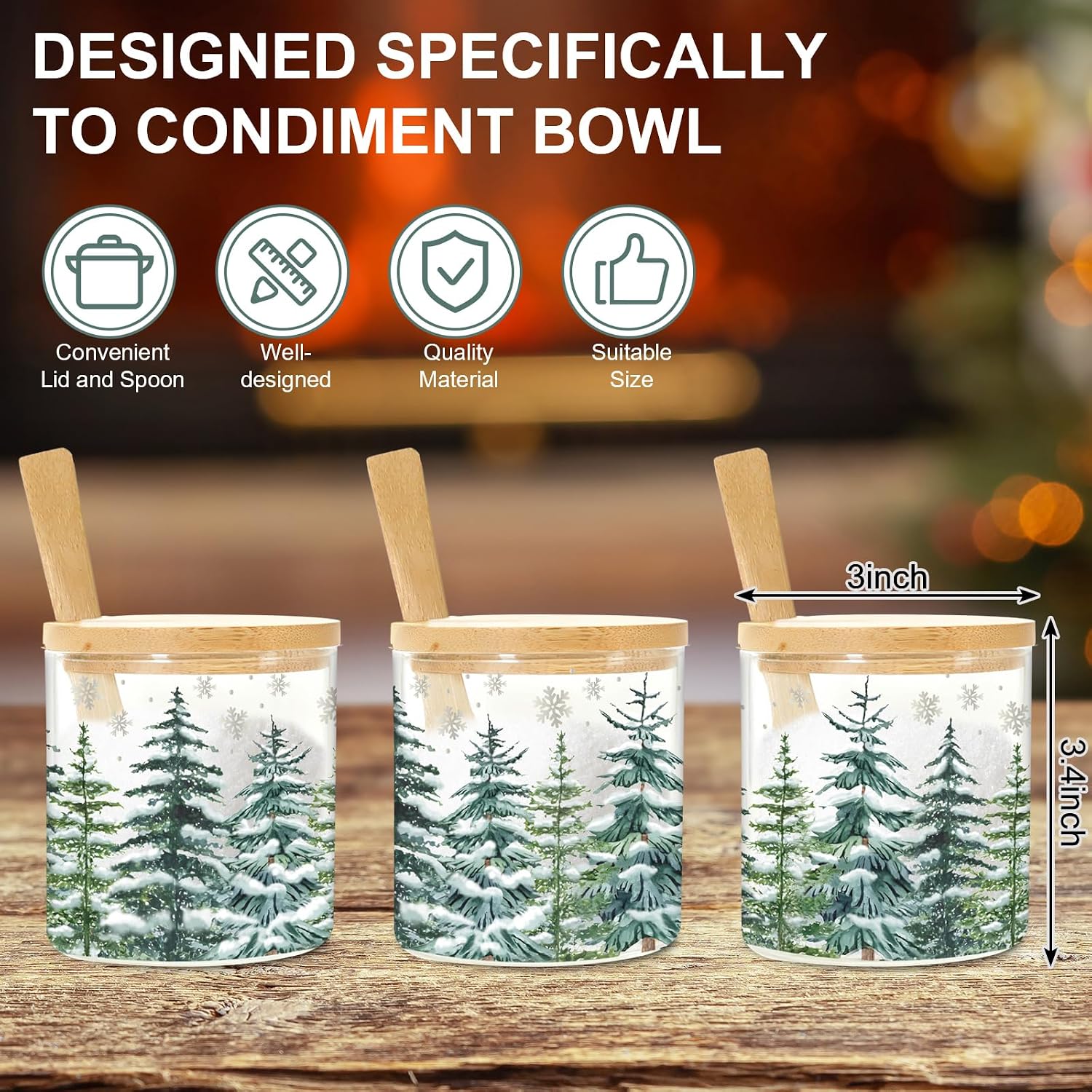 JarThenaAMCS 3 Pcs 10 oz Christmas Glass Jars with Lids and Spoons Hot Cocoa Bar Supplies Watercolor Xmas Tree Candy Condiment Container Bowls for Winter Goodie Sugar Cookies Treat Storage