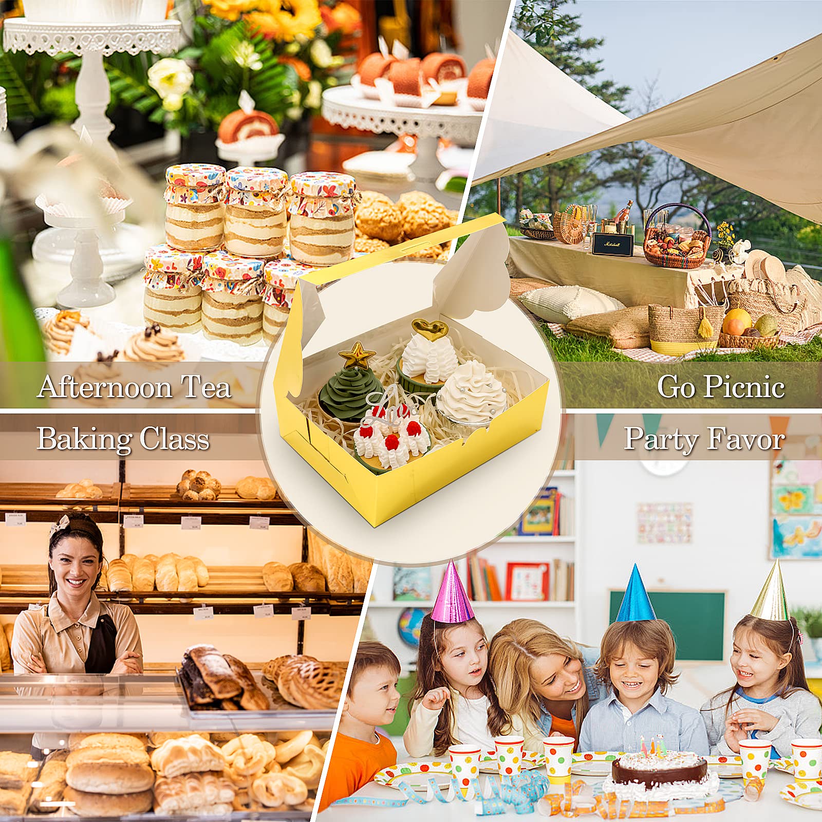 KPOSIYA 65 cajas de galletas de 8 x 6 x 2.5 pulgadas con ventana, cajas de panadería doradas para regalo, golosinas, postres, cupcakes, chocolate, fresas, donas, magdalenas (5 ventanas de estilo)