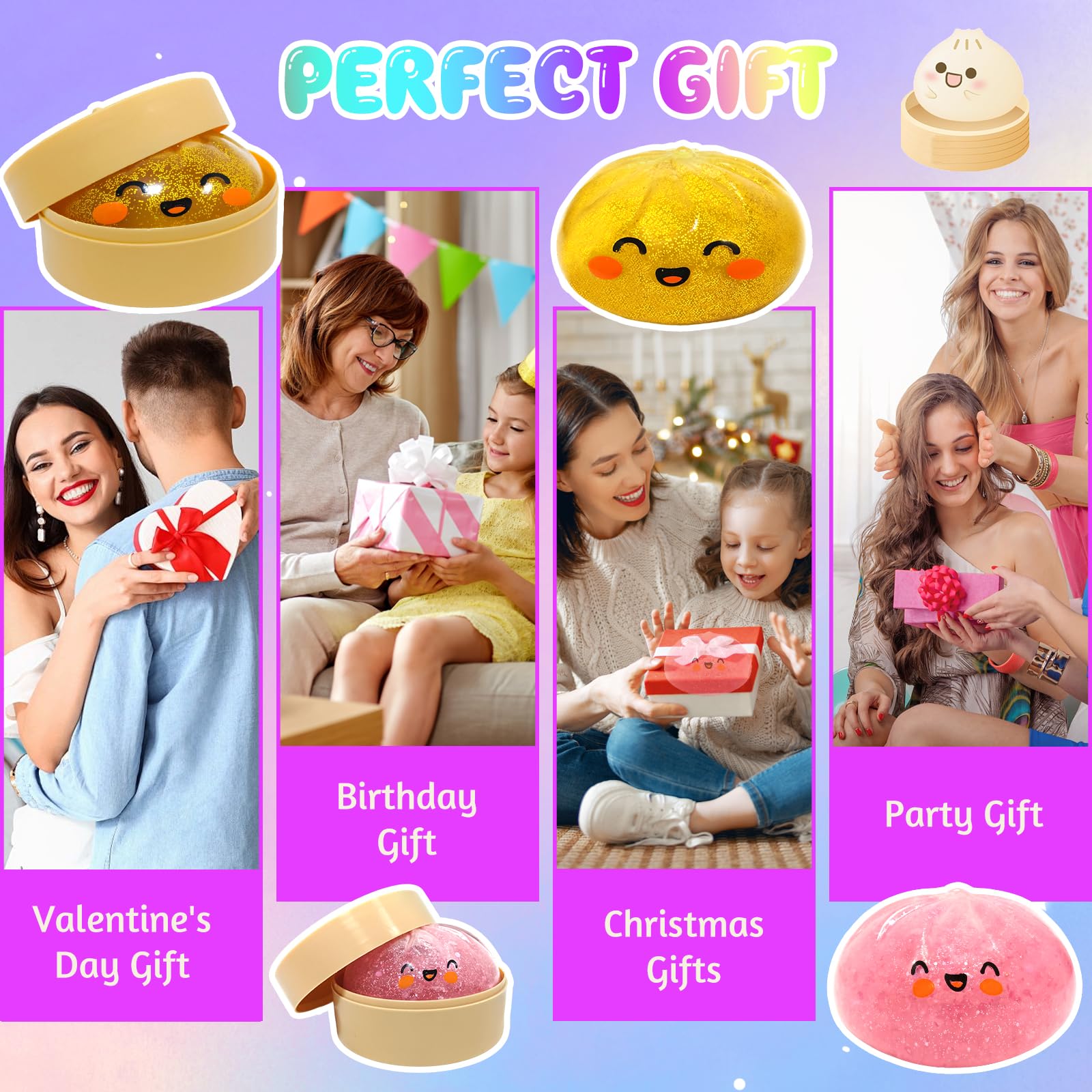 3 Pezzi Glitter Squishy Bao Dumpling + Butter Squishy Set, Giocattolo Sensoriale con Contenitore per Il Vapore, Dumpling Giocattolo Antistress per Alleviare adatto Bambini, Adulti, 25Toys1