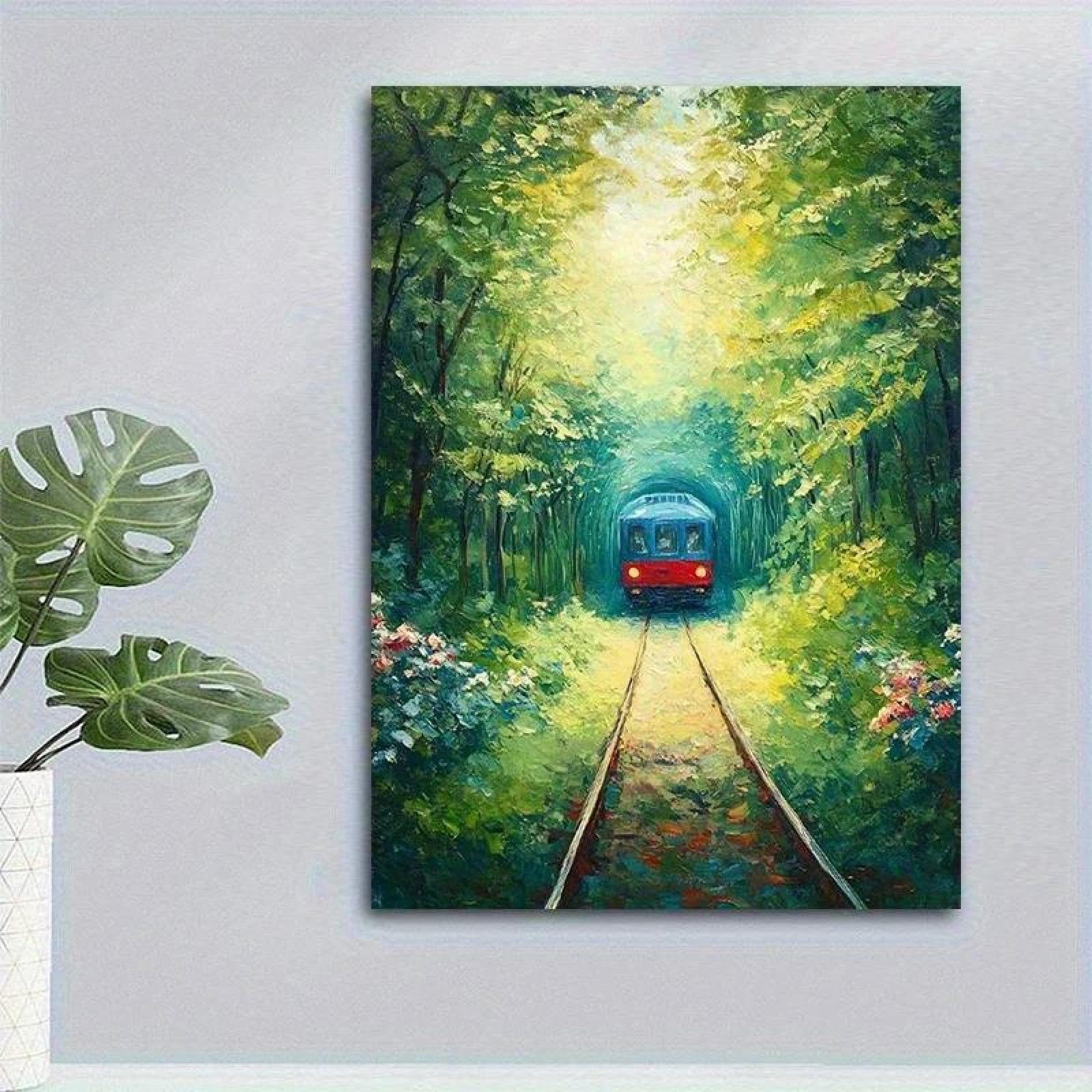 Yocheng Vibrant Red Train Through Forest Canvas Wall Art Poster Print With Lush Greenery,Sunlit Trees & Railway Tracks 30x40cm No Frame