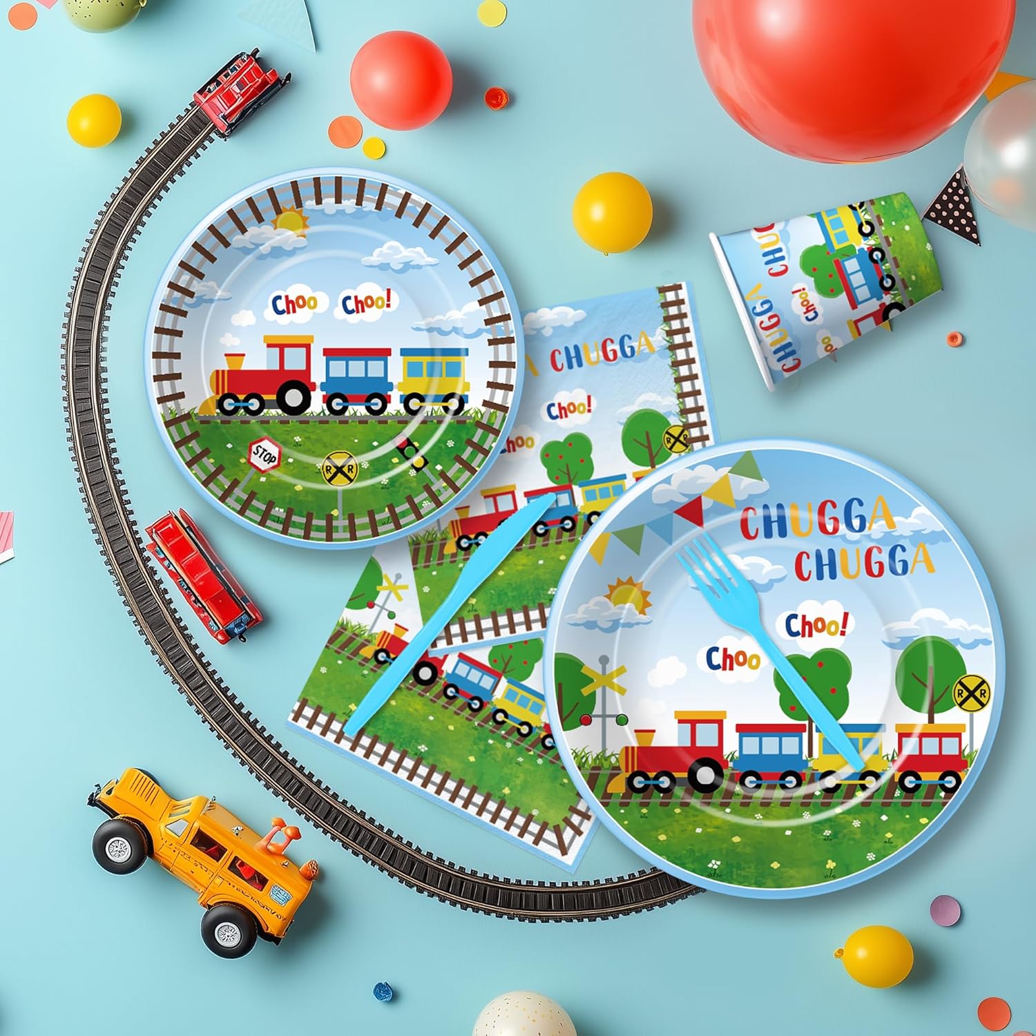 Suhelki Train Birthday Party Supplies, Chugga Choo Train Birthday Decorations, Paper Plates and Napkins Set for Kid's 1st 2nd 3rd, Cup, Cutlery, Straw, Banner, Tablecloth, 24 Guests - Image 7