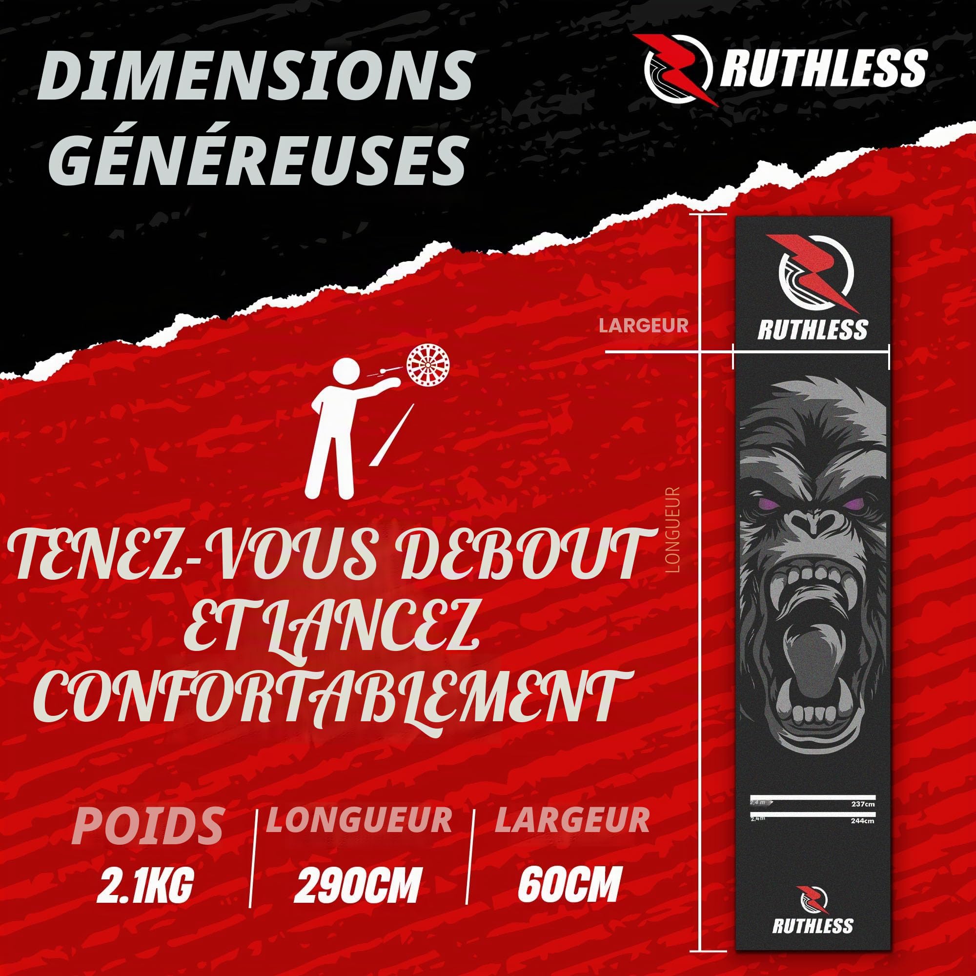 RUTHLESS Tapis de fléchettes | Tapis de fléchettes Robuste antidérapant Durable pour Sol Noir