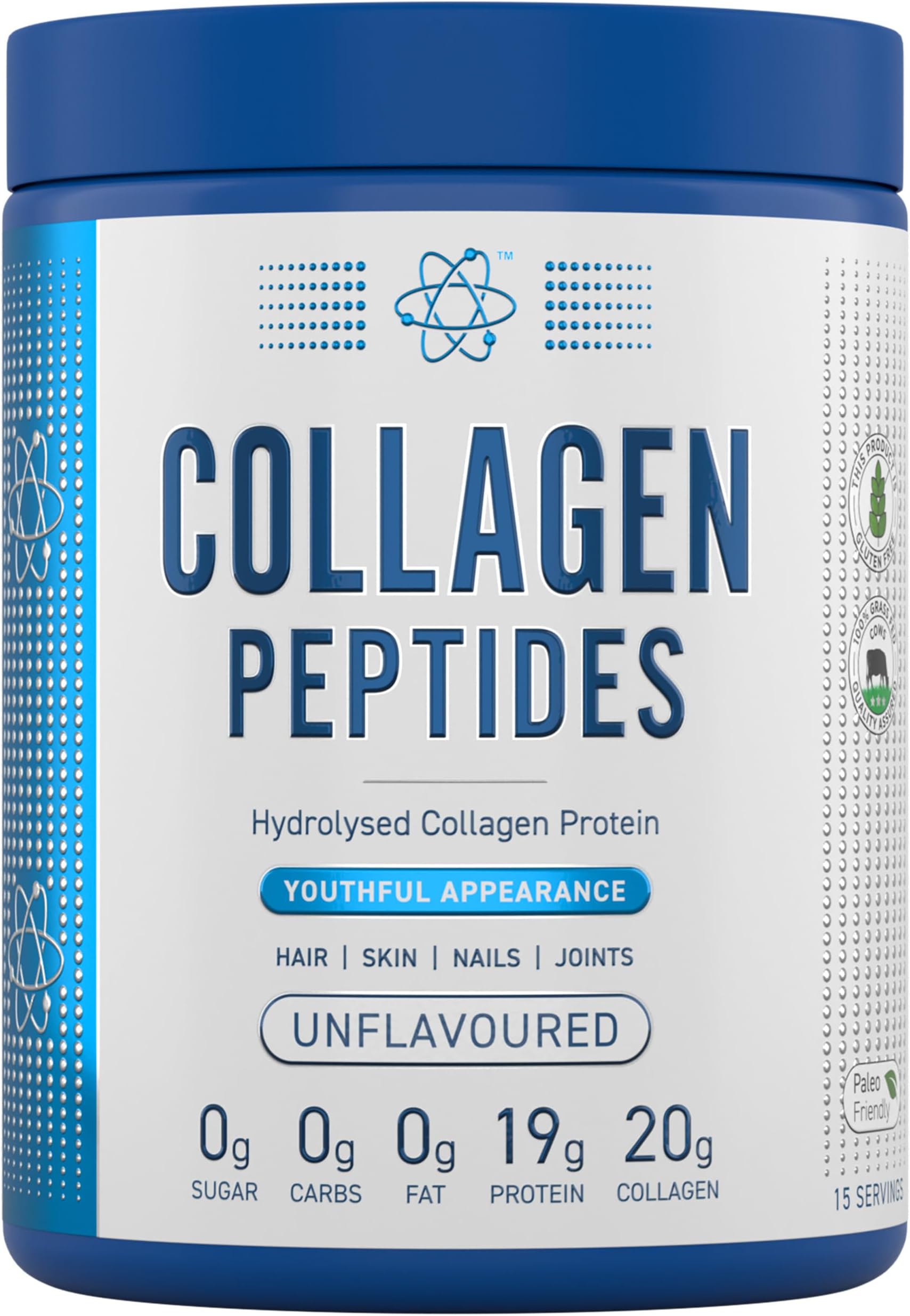 Applied Nutrition Collagen Peptides Powder - Hydrolysed Bovine Collagen Protein, Halal, Healthy Skin, Hair, Nails (Unflavoured) (300g - 15 Servings)