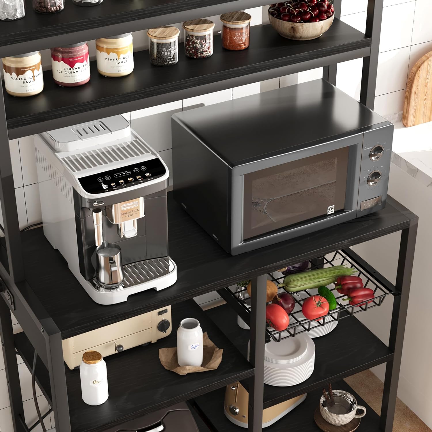 Black Industrial Bakers Rack with Power Outlet and Wire Drawer