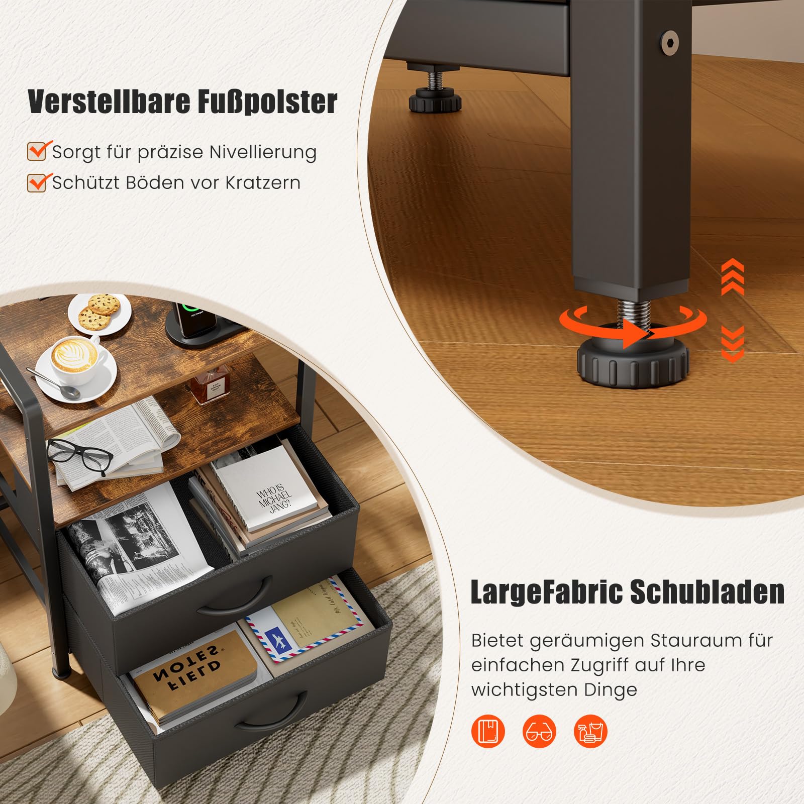 YOUDENOVA Nachttisch 2er Set mit LED-Beleuchtung, Nachtschrank mit Ladefunktion, Beistelltisch mit 2 Schubladen und 2 Offene Regale, Couchtisch fürs Wohnzimmer, Schlafzimmer, Vintage Braun