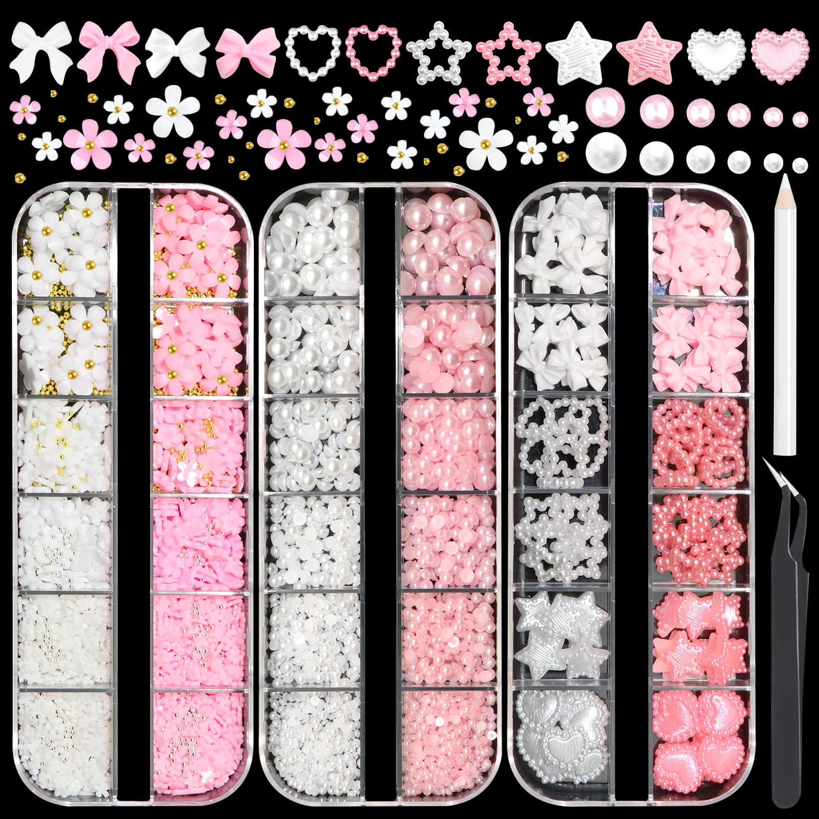 RODAKY Flower Nail Charms 3D Bow Charms for Nails Pink White Flatback Pearls Cute Bowknot Star Heart Nail Gems Rhinestone Metal Caviar Beads