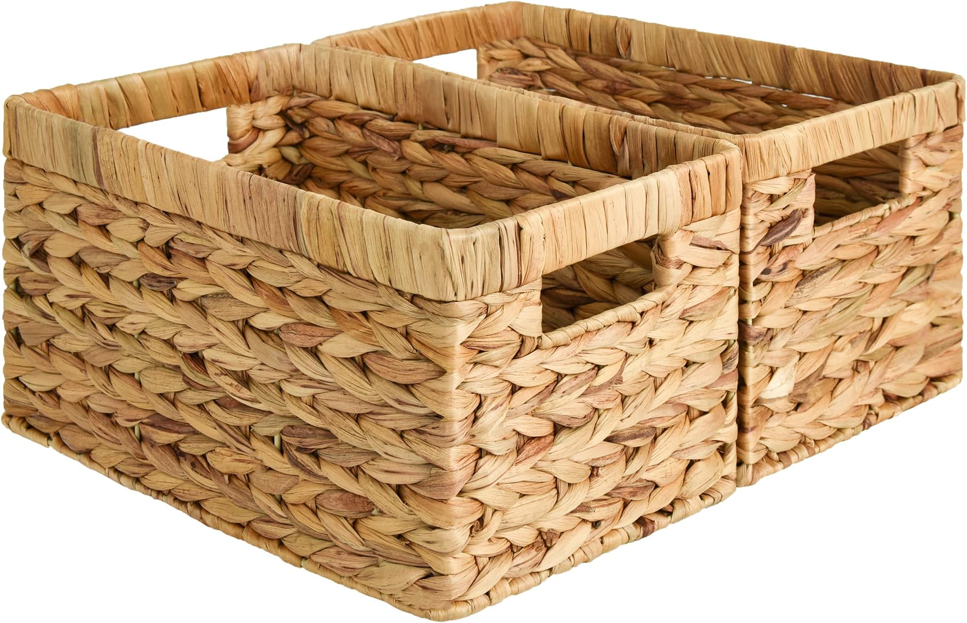 StorageWorks Wicker Storage Baskets for Shelves, Large Shelf Baskets with Handles, Rectangular Wicker Storage Boxes, Woven Basket for Organising Pantry Bathroom, Natural Water Hyacinth, 2-Pack