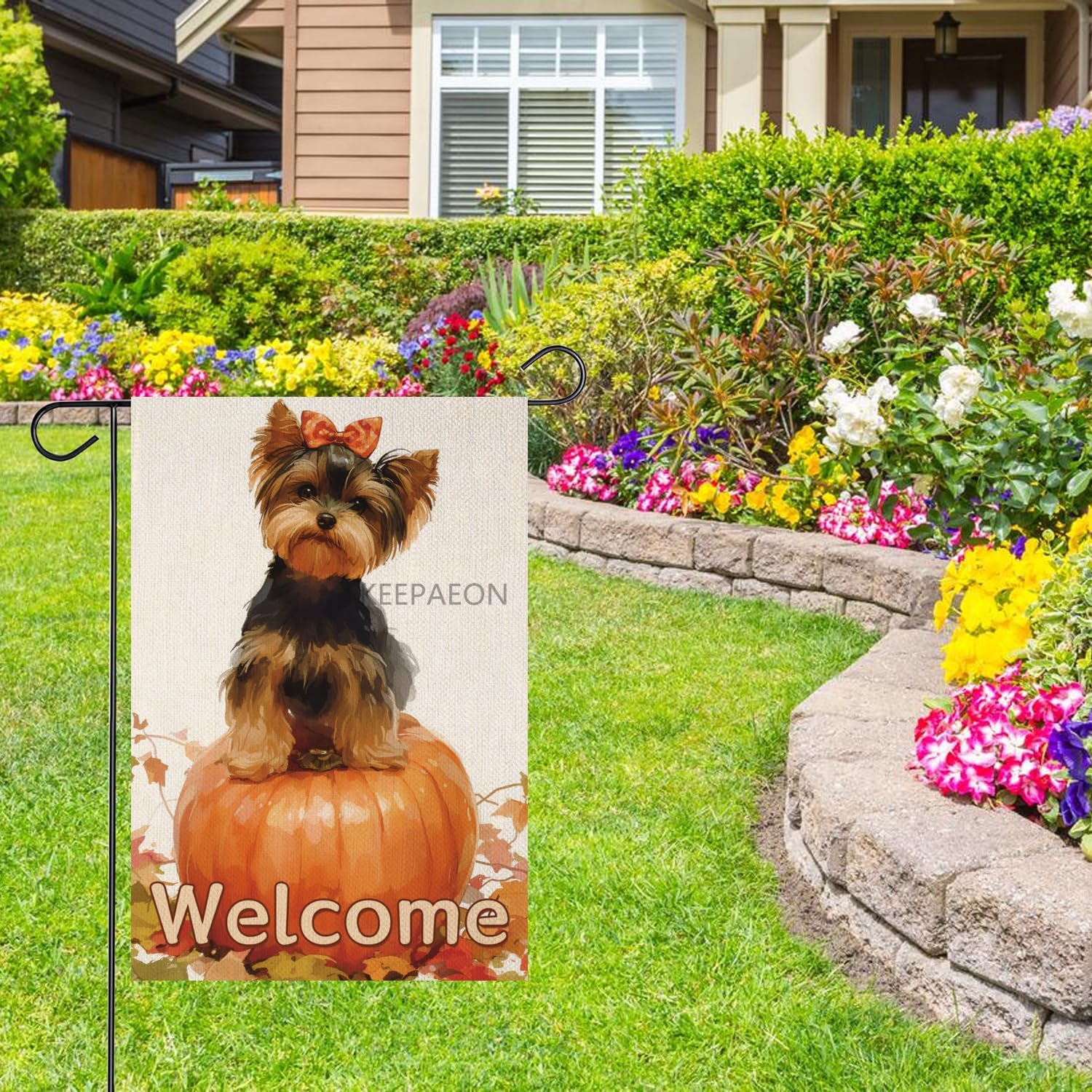 12x18 In Welcome Fall Yorkie Pumpkin Linen Garden Flag, Autumn Thanksgiving Maple Leaves House Yard Outside Decorations Outdoor Small Decor (1278) - Image 2