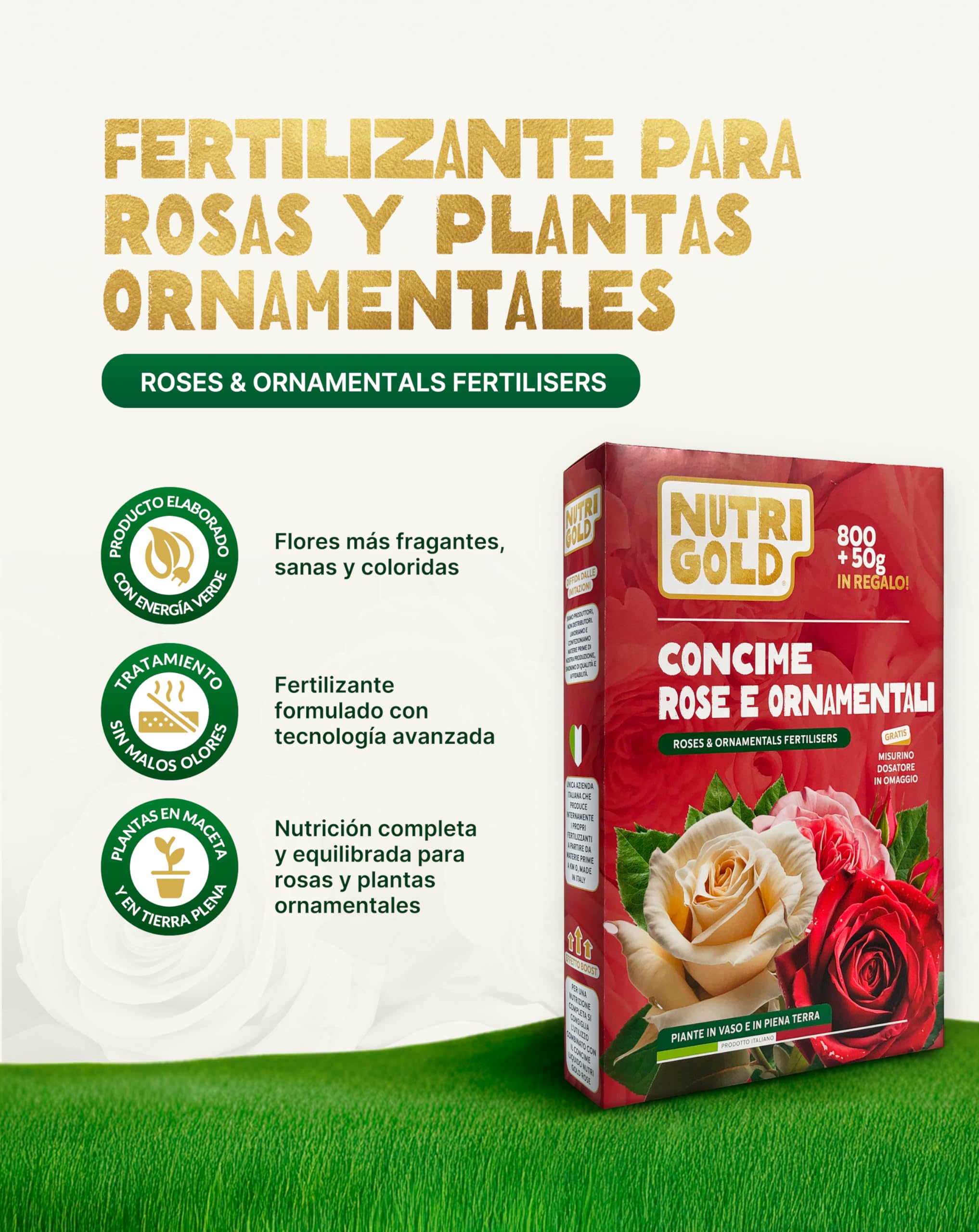 NutriGold® fertilizante Rosas y Flores | Abono para Rosas, Flores y Plantas Floridas - Estimula Floraciones Ricas e Intensas - 100% Natural Km0 - Sólido 800g + 50g Gratis