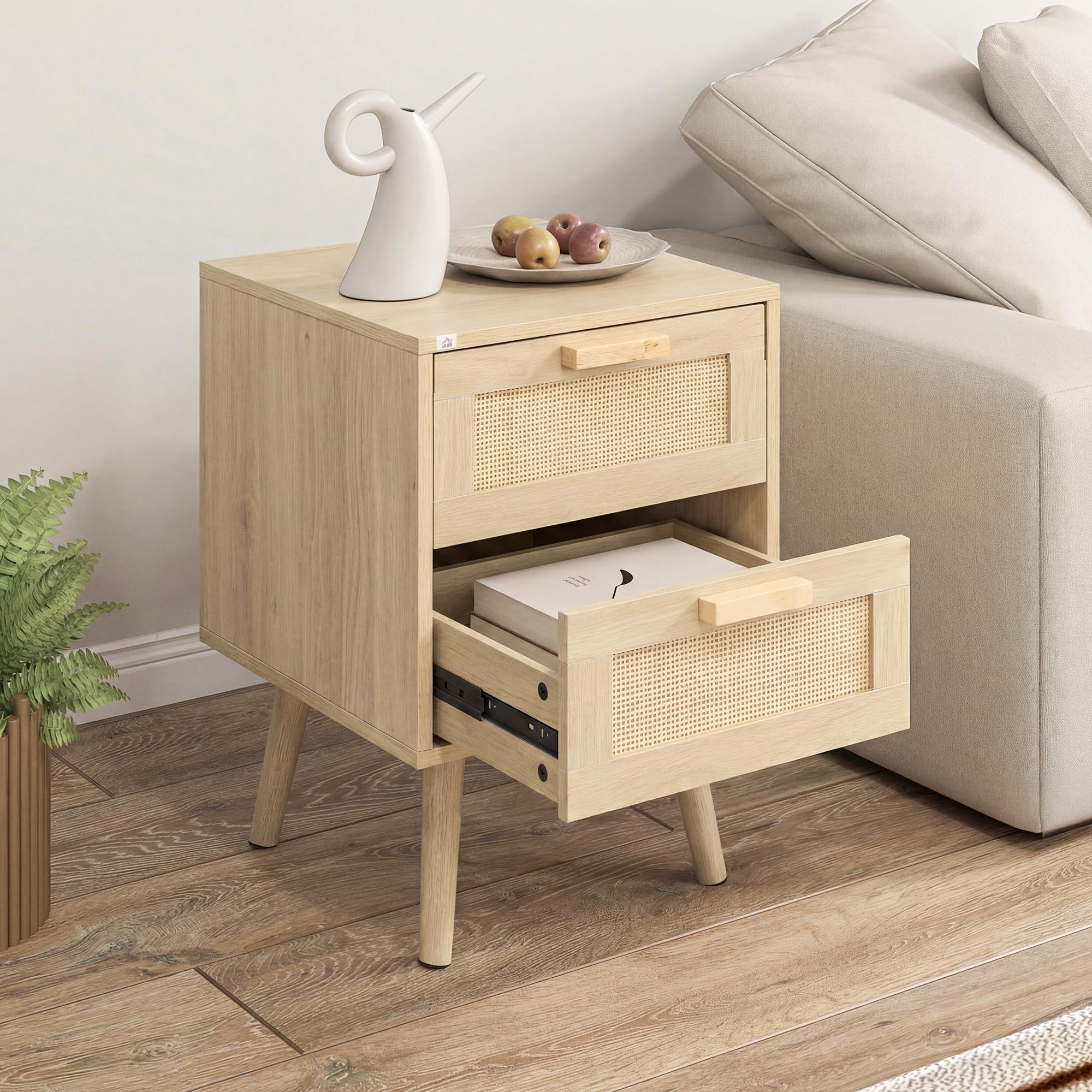 HOMCOM Set di 2 Comodini per Camera da Letto, Comodini Stile Boho Eleganti con 2 Cassetti, 40x40x56cm, Colore Legno Naturale