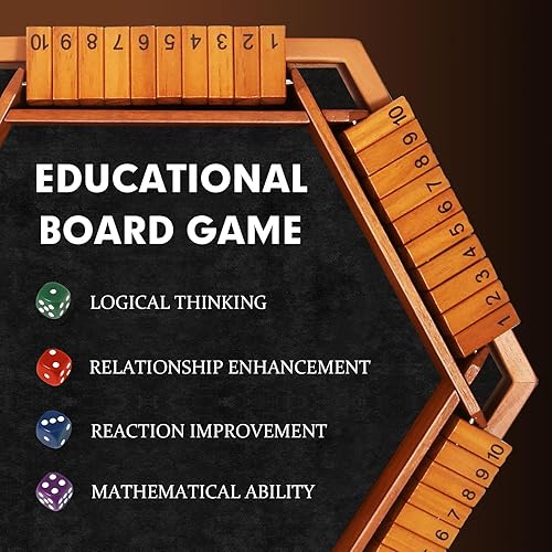 Miniatura 5 de TooyBing Juego de dados Shut The Box mejorado para 1 a 6 jugadores, mesa de madera para niños y adultos con 16 dados, juego clásico de matemáticas