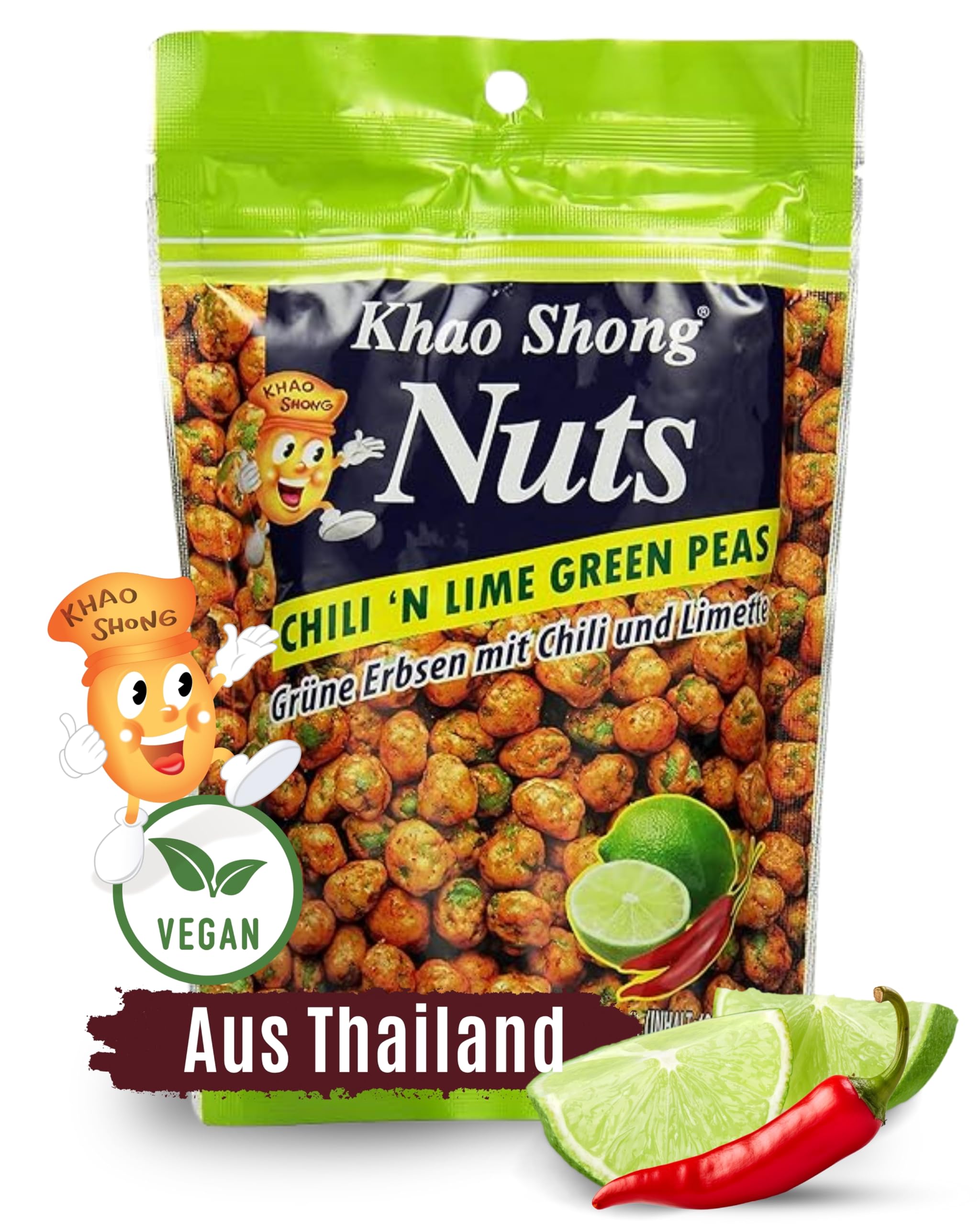 Khao Shong Chili 'n Lime Green Peas, grüne Erbsen mit Chili & Limette überzogen, knackiger Snack im fruchtig-scharfen Teigmantel, fettärmere Alternative zu Nüssen, 1 x 120 g Standbeutel