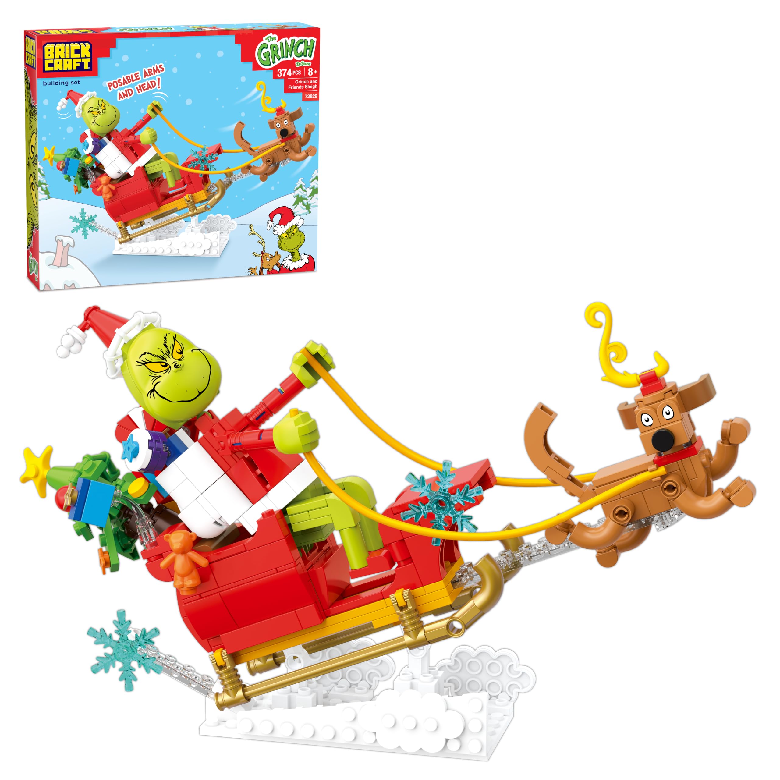 Brickcraft The Grinch and Friends Sleigh Building Set (374 Pieces), Posable Grinch & Max Figures with Loaded Sleigh, Dr. Seuss Christmas Collectible, Xmas Gift for Adults & Fans