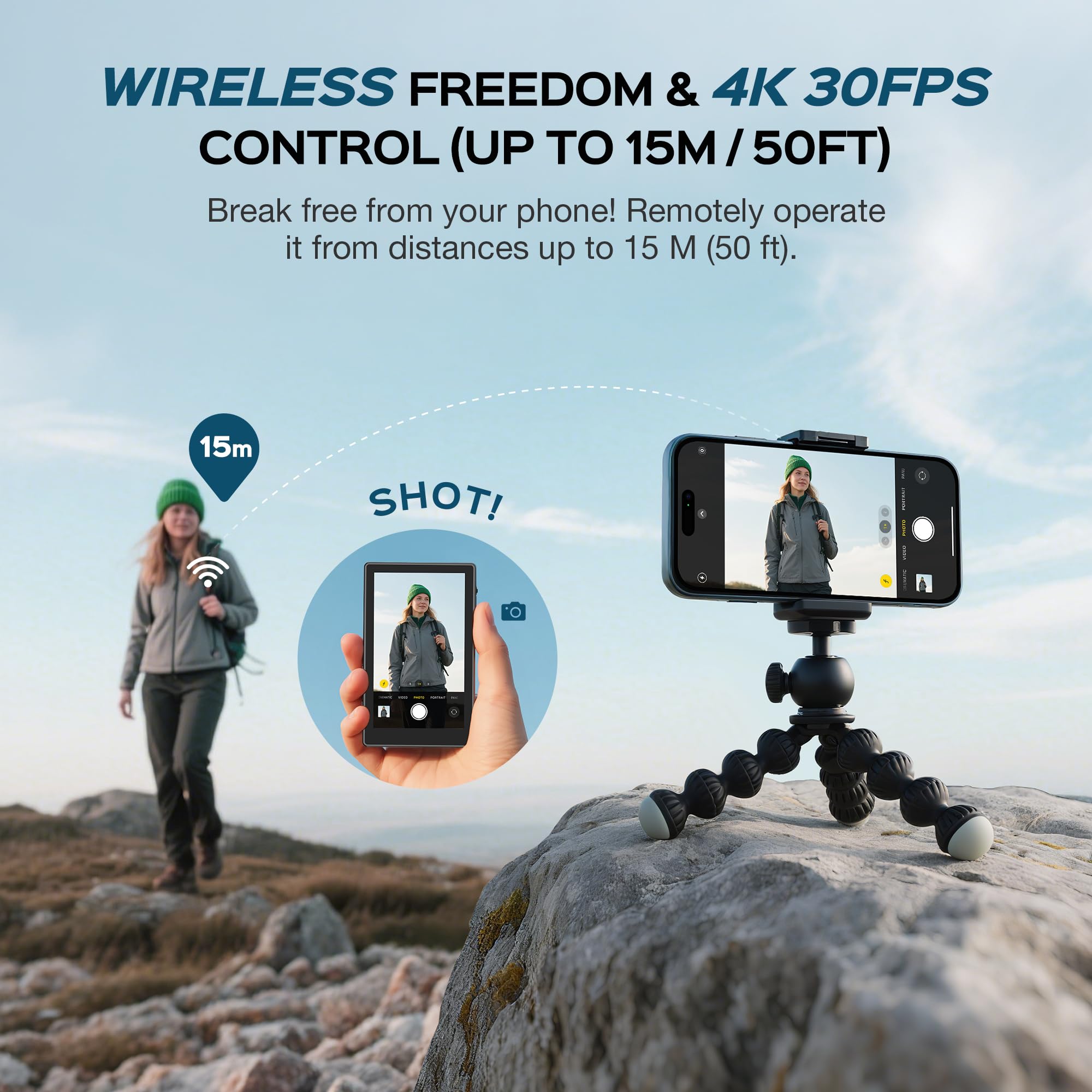AMAZEAR Teléfono magnético Vlog Selfie Monitor pantalla con control táctil, HD Wireless Bluetooth Remote, cámara trasera para Live Stream TikTok YouTube, compatible con iPhone y Android