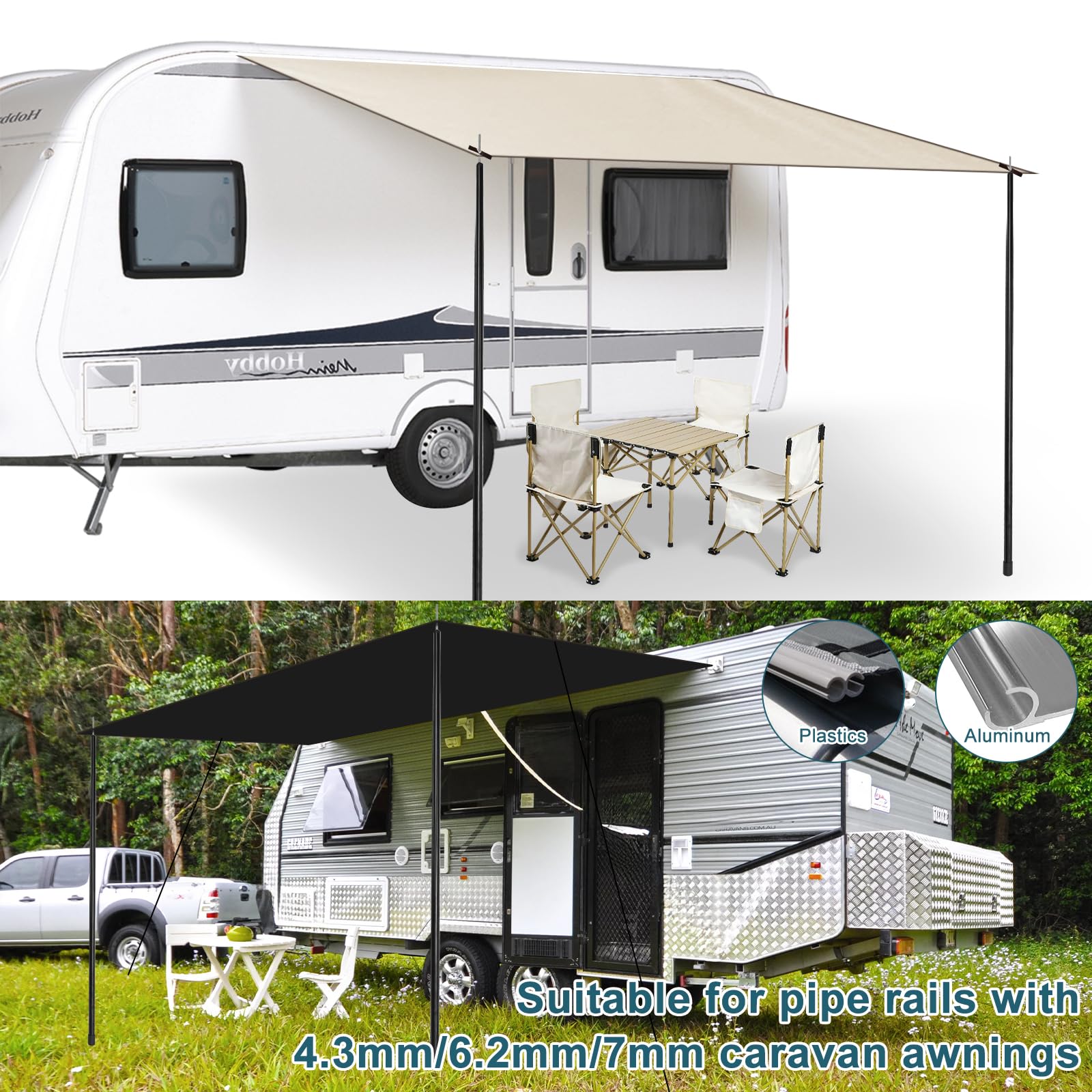 Auvent pour Remorque et Camping-Car, auvent de 2,5m x 4m pour Caravane avec haubans, poteaux de Soutien et piquets, adapté aux Rails d'auvent de 4,3/6,2/7 mm