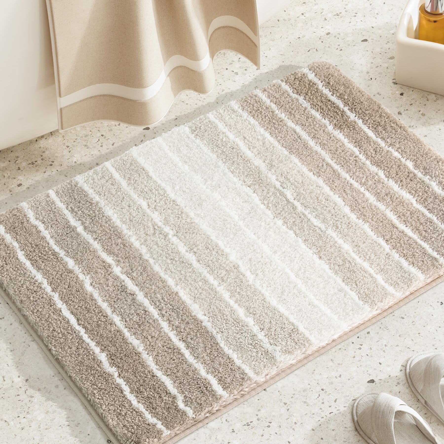 TANVILL Bathroom Rug Non-Slip, Extra Soft and Absorbent Bath Rugs, Machine Washable, Bath Mats for Bathroom Floor, Tub and Shower, 18"x24", Beige