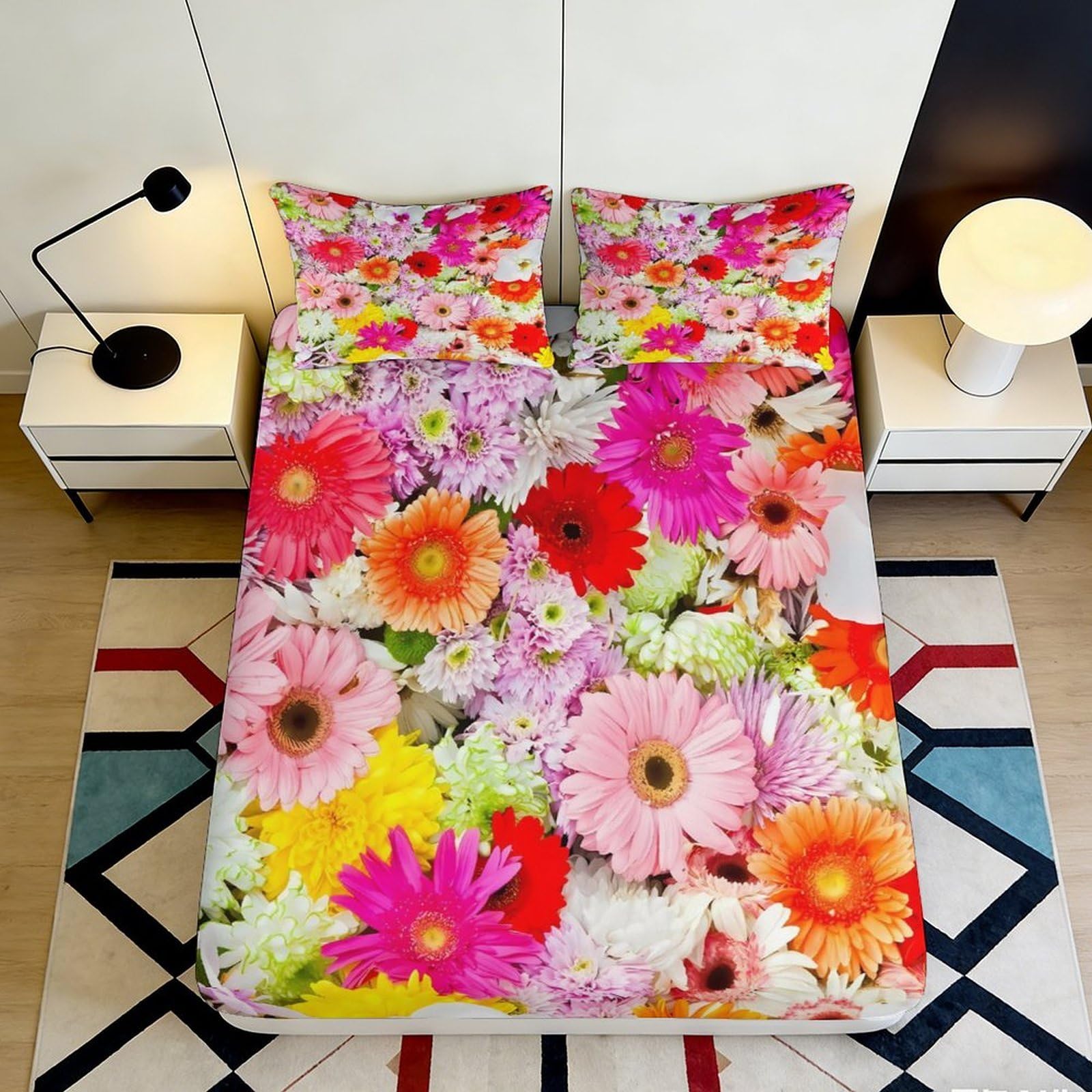 Pnayamiorkfel Style-3 3D Printed Colorful Daisy Fitted Sheet Microfiber Soft Floral Bouquet Mattress Cover For Bedroom Guest Room 90X200x25cm