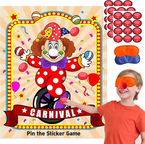 Juegos de fiesta de circo de carnaval para niños, juegos de cola con pegatina de payaso, fiesta de cumpleaños temática de carnaval, decoración de