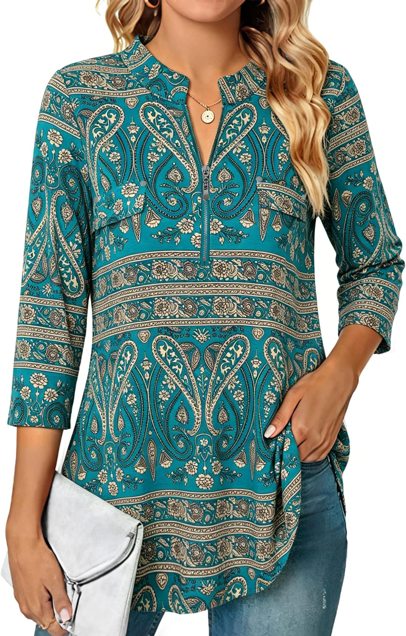 Women's 3/4 Sleeve Plaid Shirt Zip Floral Casual Tunic Blouse Top
