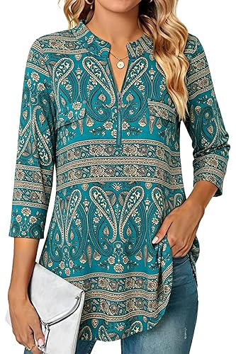 Ninedaily Women's 3/4 Sleeve Plaid Shirts Zip Floral Casual Tunic