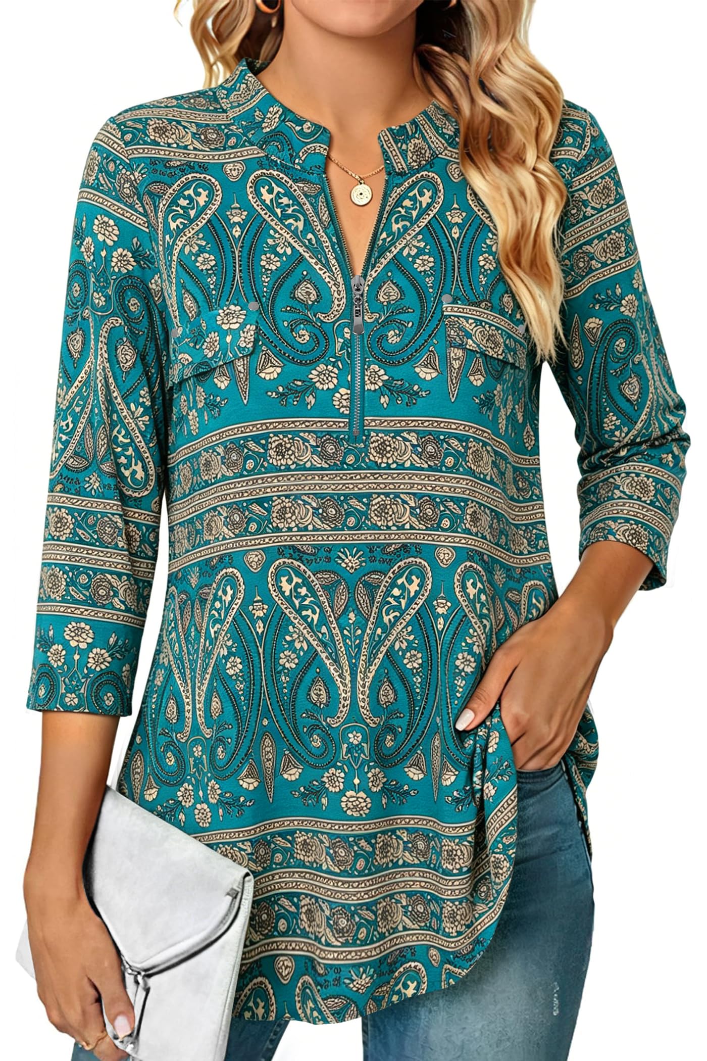 Ninedaily Women's 3/4 Sleeve Plaid Shirts Zip Floral Casual Tunic Blouse Tops