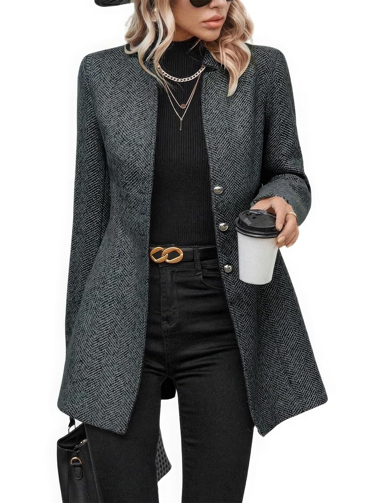 ebossy Womens Casual Business Herringbone Wool Blend Blazer Jacket Notched Collar Button Down Slim Long Sleeve Dress Coat