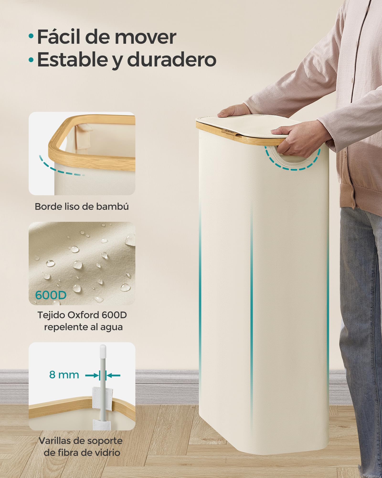 SONGMICS Cesto de Ropa Sucia con Tapa, Cesta Ropa Sucia Delgada, 65 L, Ahorra Espacio, Forro de Malla Extraíble, Tejido Oxford, Asas Bambú, Plegable, 42 x 22,5 x 70,5 cm, Blanco Crema LCB506W01