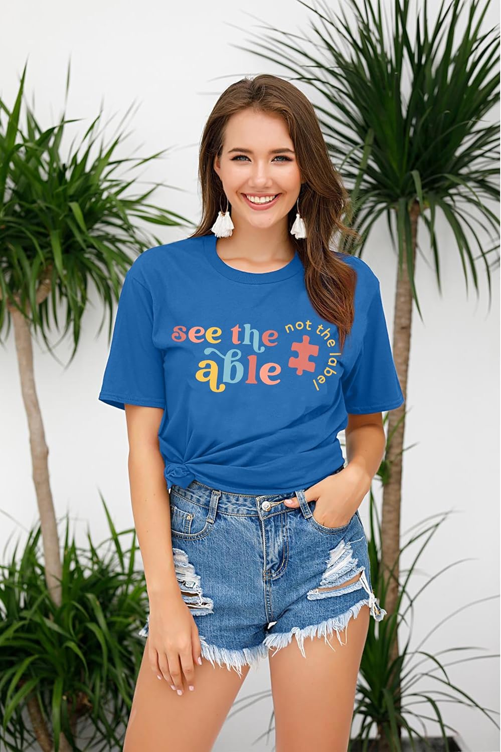 Women Autism Awareness Shirt Autistic Support Shirt Funny Letter Print Casual Mental Health Short Sleeve Shirt - Image 3