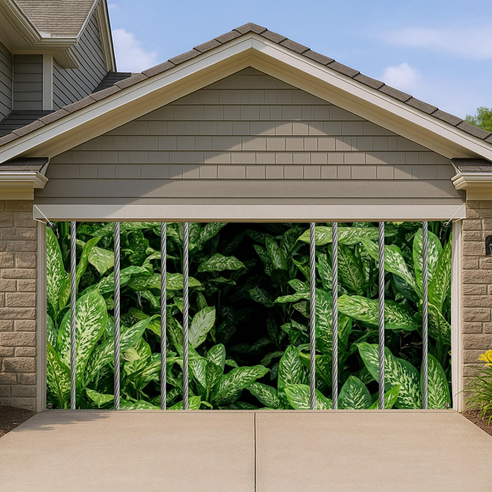 Housse de porte de garage tropicale motif feuilles vertes 397x180