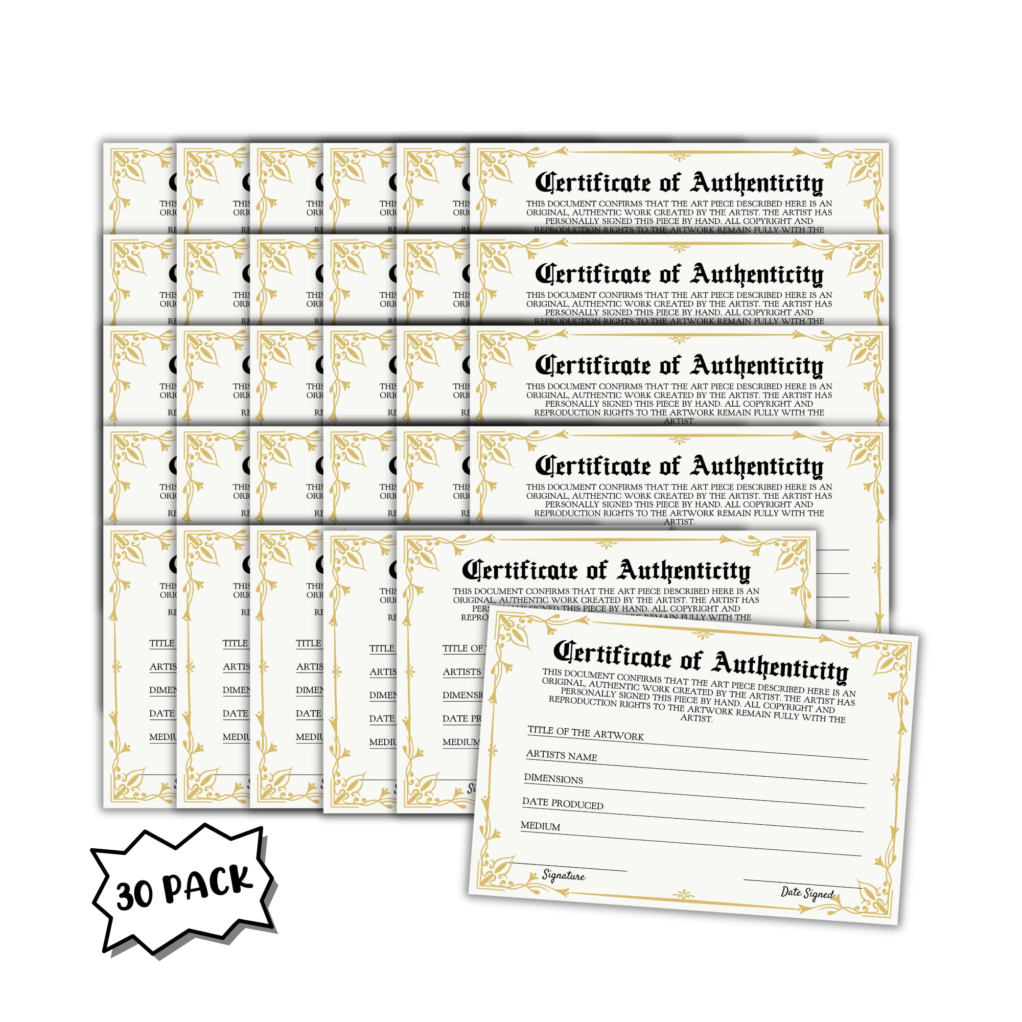 Amazon.com: Certificate of Authenticity 30pk 6x9” Postcard for