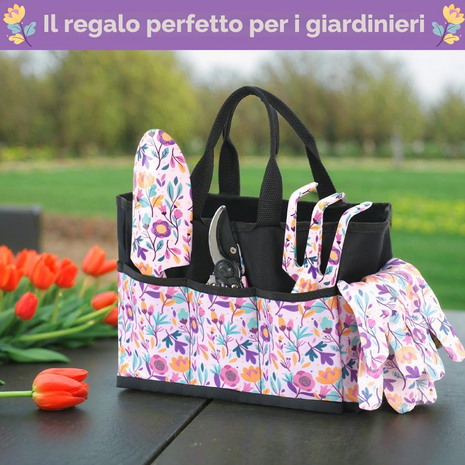 Velway Set di Attrezzi da Giardinaggio - 5 Pezzi con Borsa e Guanti, Strumenti Floreali in Metallo, Regalo Perfetto per Mamma, Donne, Natale, Compleanno
