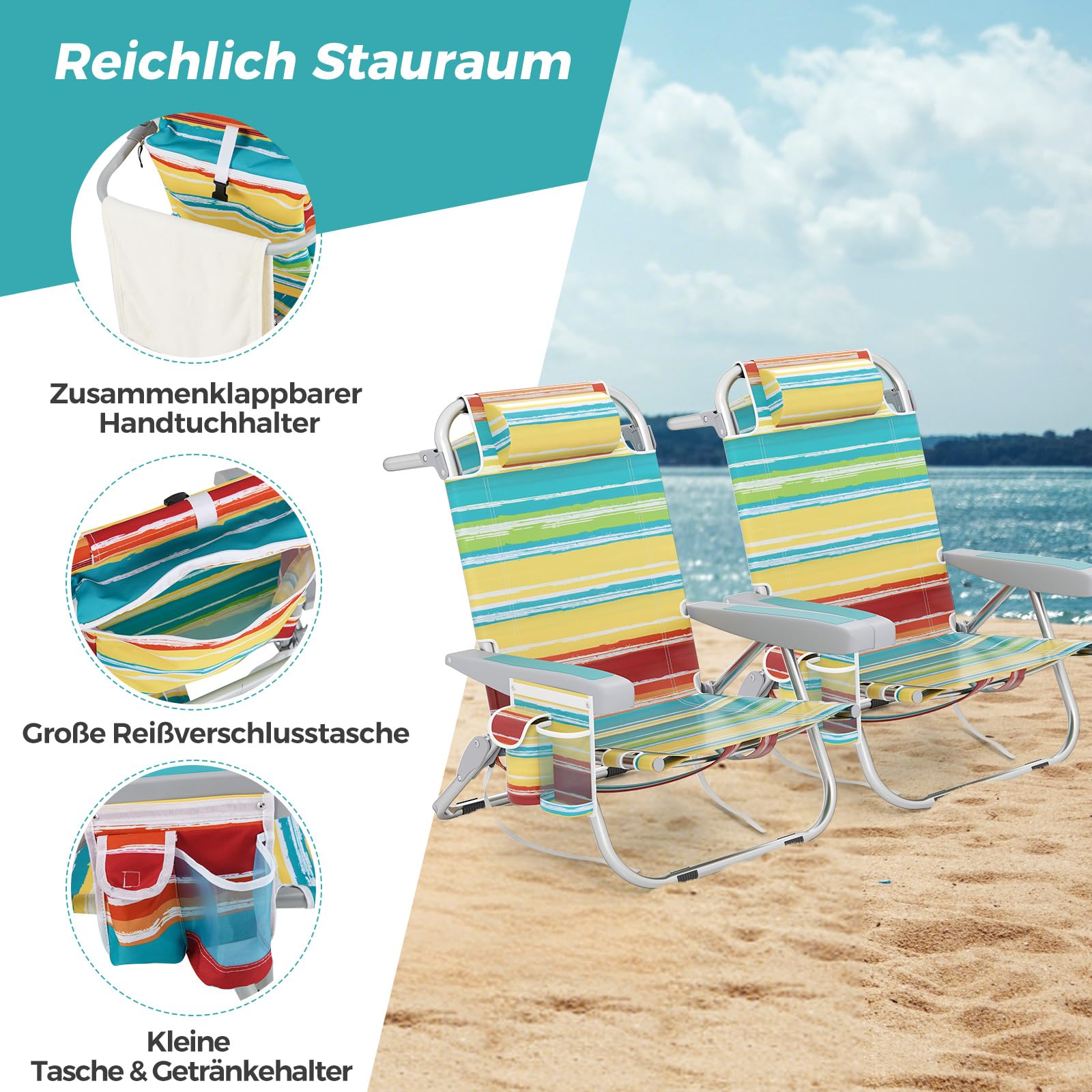 COSTWAY Strandstühle klappbar leicht, 2er Set, Campingstühle mit Verstellbarer Rückenlehne, Kopfstütze, Seitentaschen, Schultergurten, Handtuchhalter & Armlehnen, Klappstühle, Outdoor-Stühle, Bunt