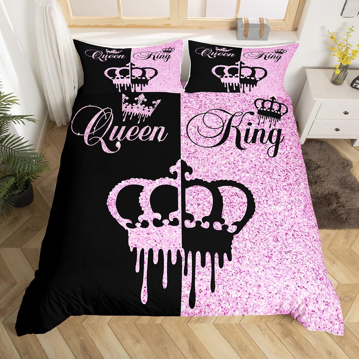 Homemissing Modern King and Queen Crown Duvet Cover King Size Black and Pink Bedding Set Teens Adults Couple Comforter Cover Set 3 Pieces Girls Boys Valentines Day Gifts Bedding (No Glitter)