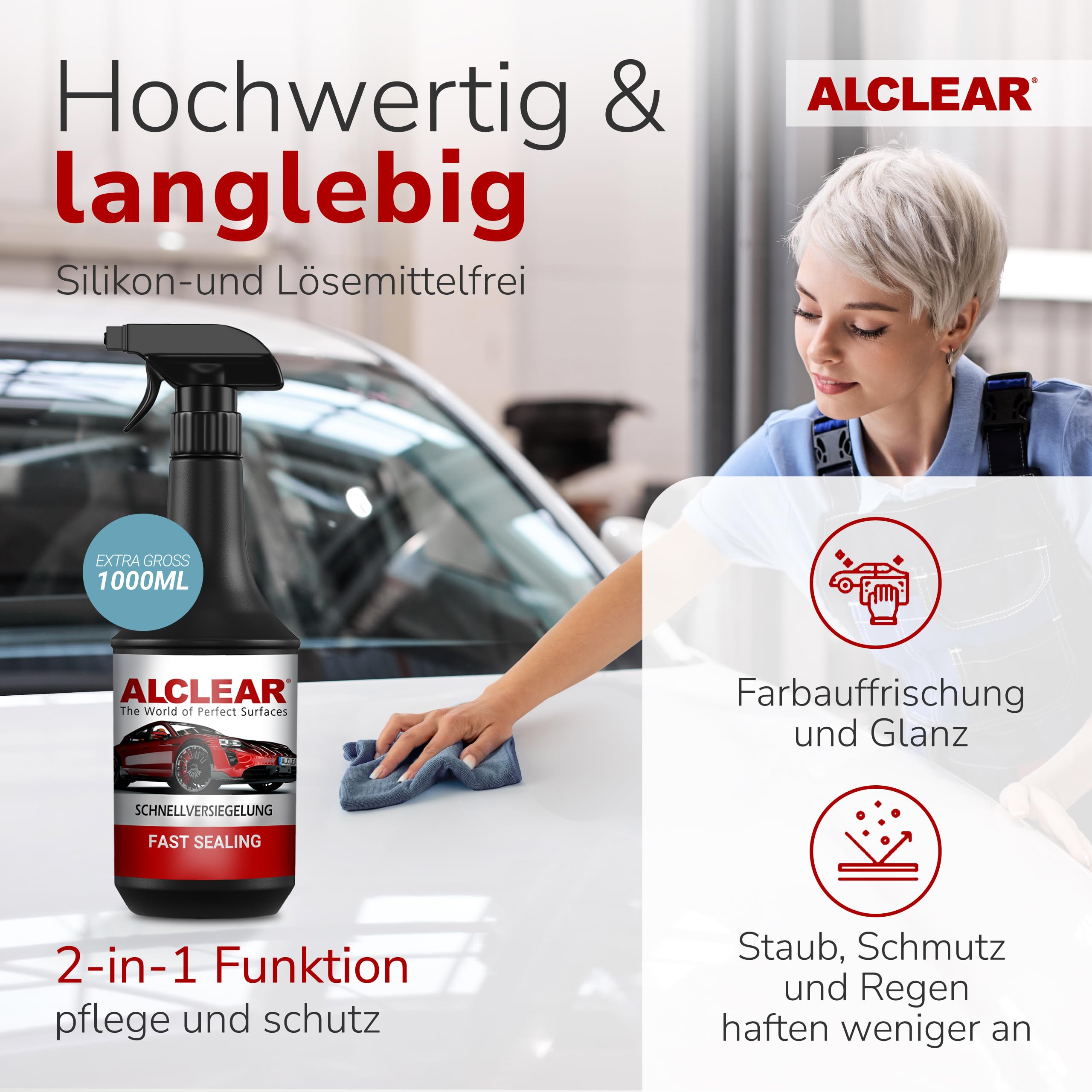 ALCLEAR 8201050 Autopflegeset 6 teilig mit 1 L Lackversiegelung fürs Auto | 6-teiliges Set, 1 L Schnellversiegelung ohne Silikon, Polier- und Cockpittuch, Felgenhandschuh, Trockentuch, Innenraum