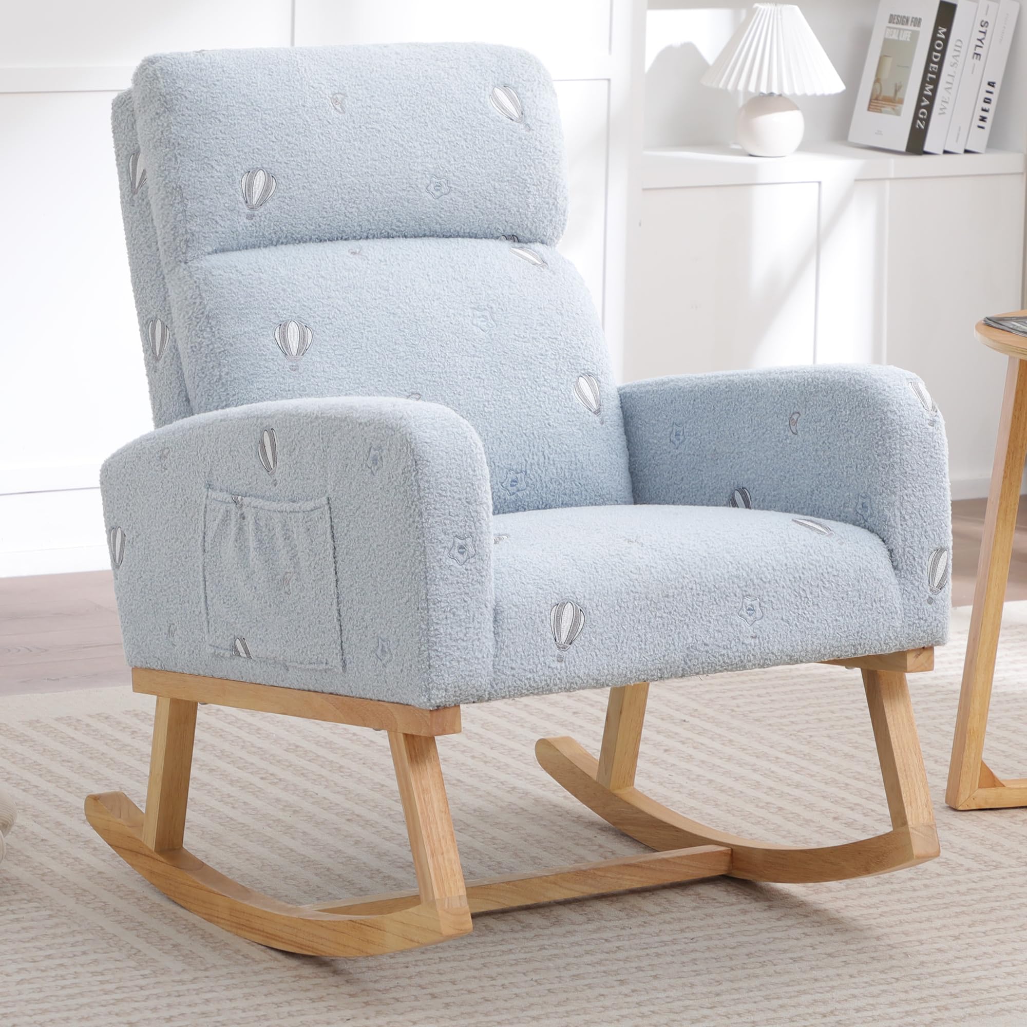 HCHAIRH Rocking Chair Nursery, Sherpa Nursing Rocking Chairs, Upholstered Nursery Glider Rocker for Mom Nursery Morden Rocking Chair with Side Pocket for Living Room,Bedroom,Teddy Blue Printed