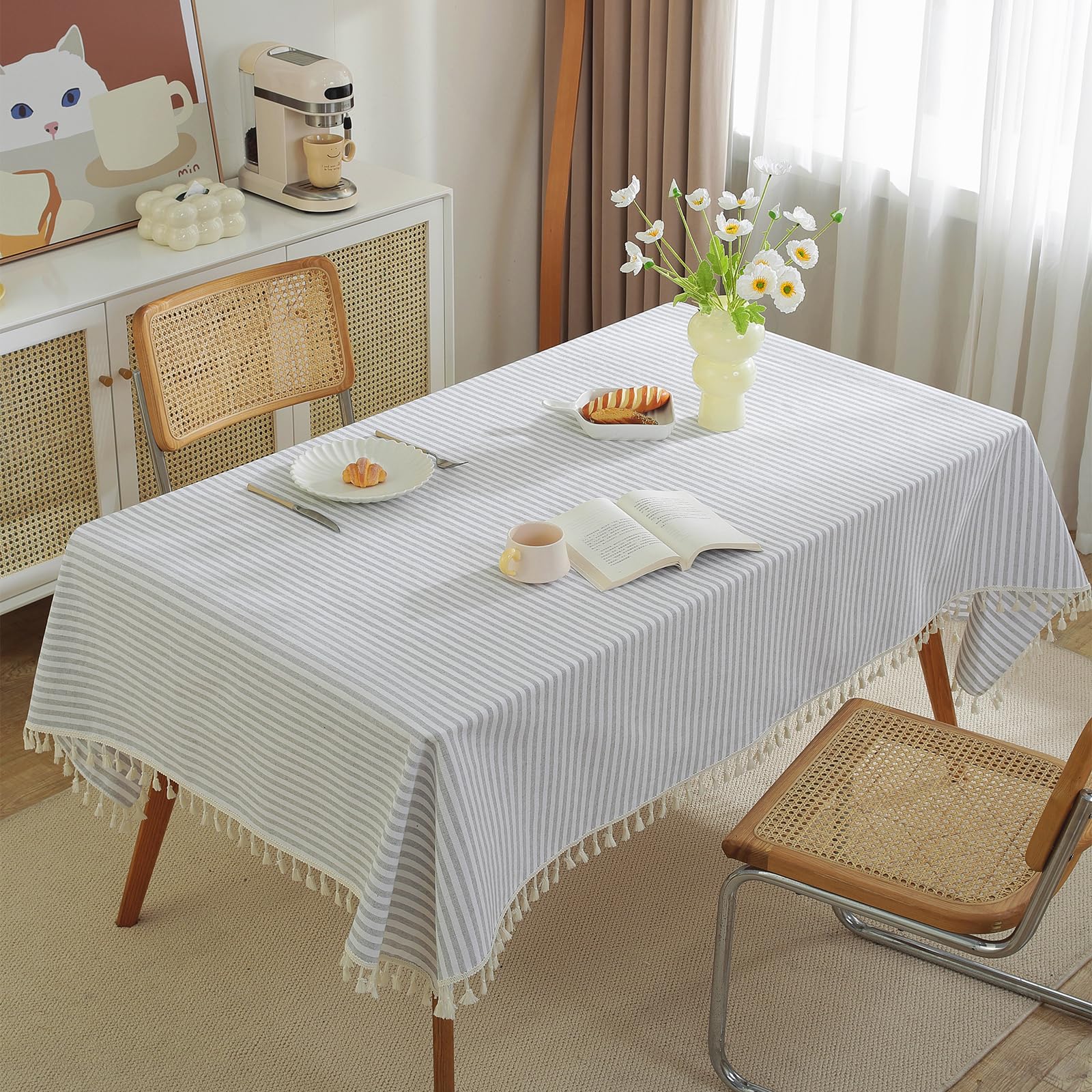 meioro Tablecloths Striped Tassel Table Cloth Rectangular Tablecloth Cotton Linen Table Cover Suitable for Home Kitchen Decoration (Grey/White Stripes - Image 3