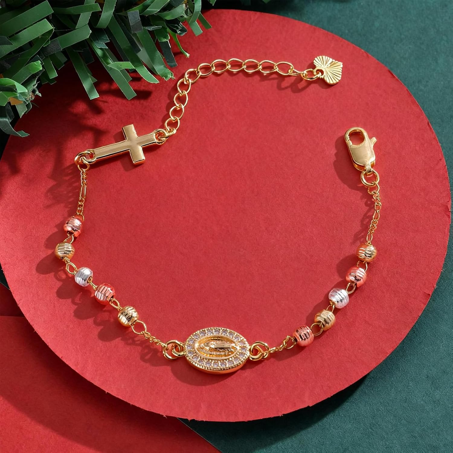 Religious Gift Rosary Bracelet for Women-14K gold plated Virgen de Guadalupe Rosary Beads Cross Charm Link Chain, Dainty Virgin Mary Catholic Gifts for Confirmation Baptism First Communion Godmother - Image 5