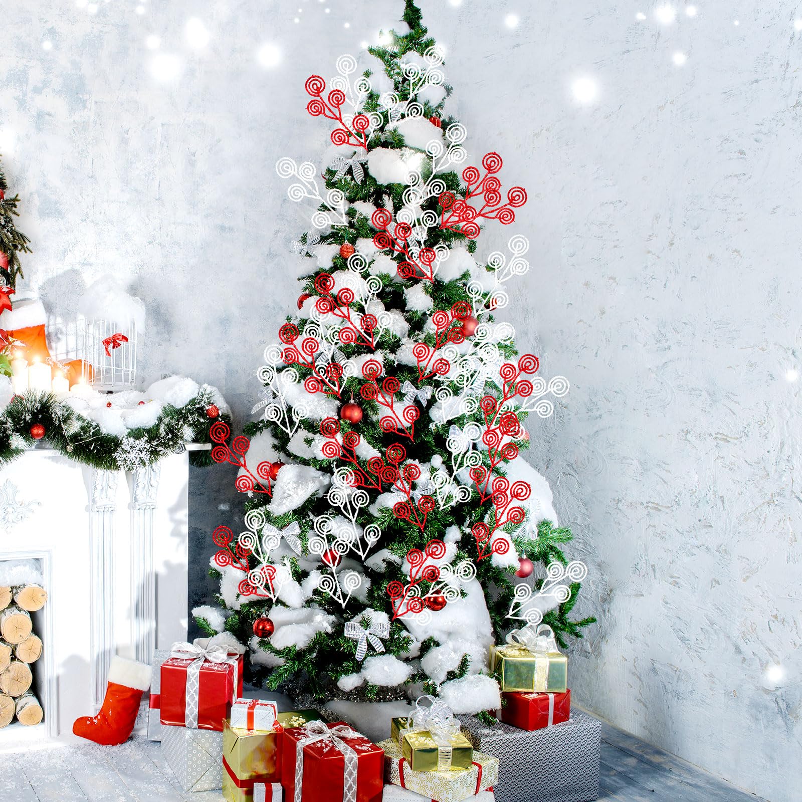 50 Pcs Christmas Tree Picks & Sprays - Glitter Red & White Curly Stems For Holiday Decor, 13.4 Inches - View #12