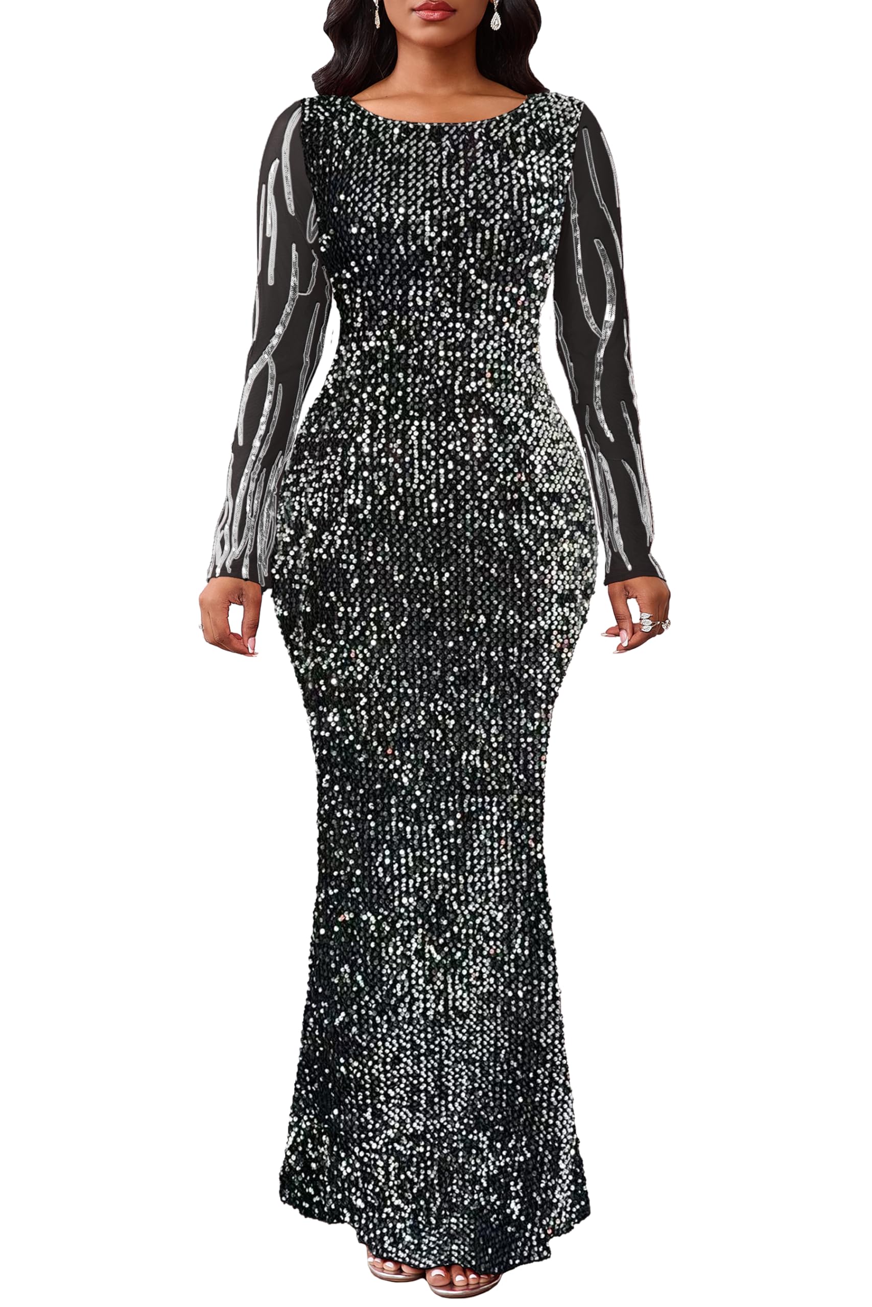 VERWIN Abito lungo da donna con paillettes, scollo rotondo, maniche lunghe, scintillante, a sirena, per feste e cocktail