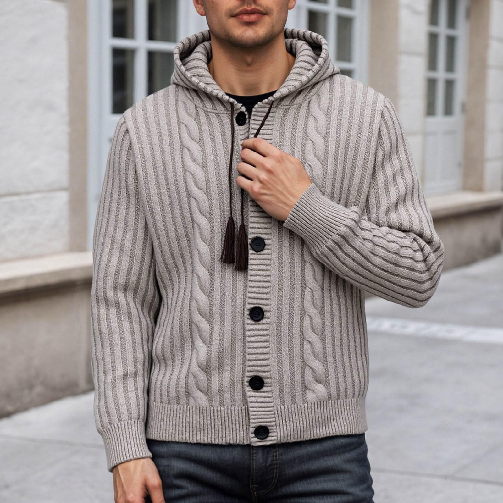 Cardigan Hombre Botones, Chaqueta De Lana para Hombre con Cuello En V Manga Larga Suéter De Punto con Botones Elegante Ajustado Cárdigan Ligero con Bolsillos para Exterior El Ocio