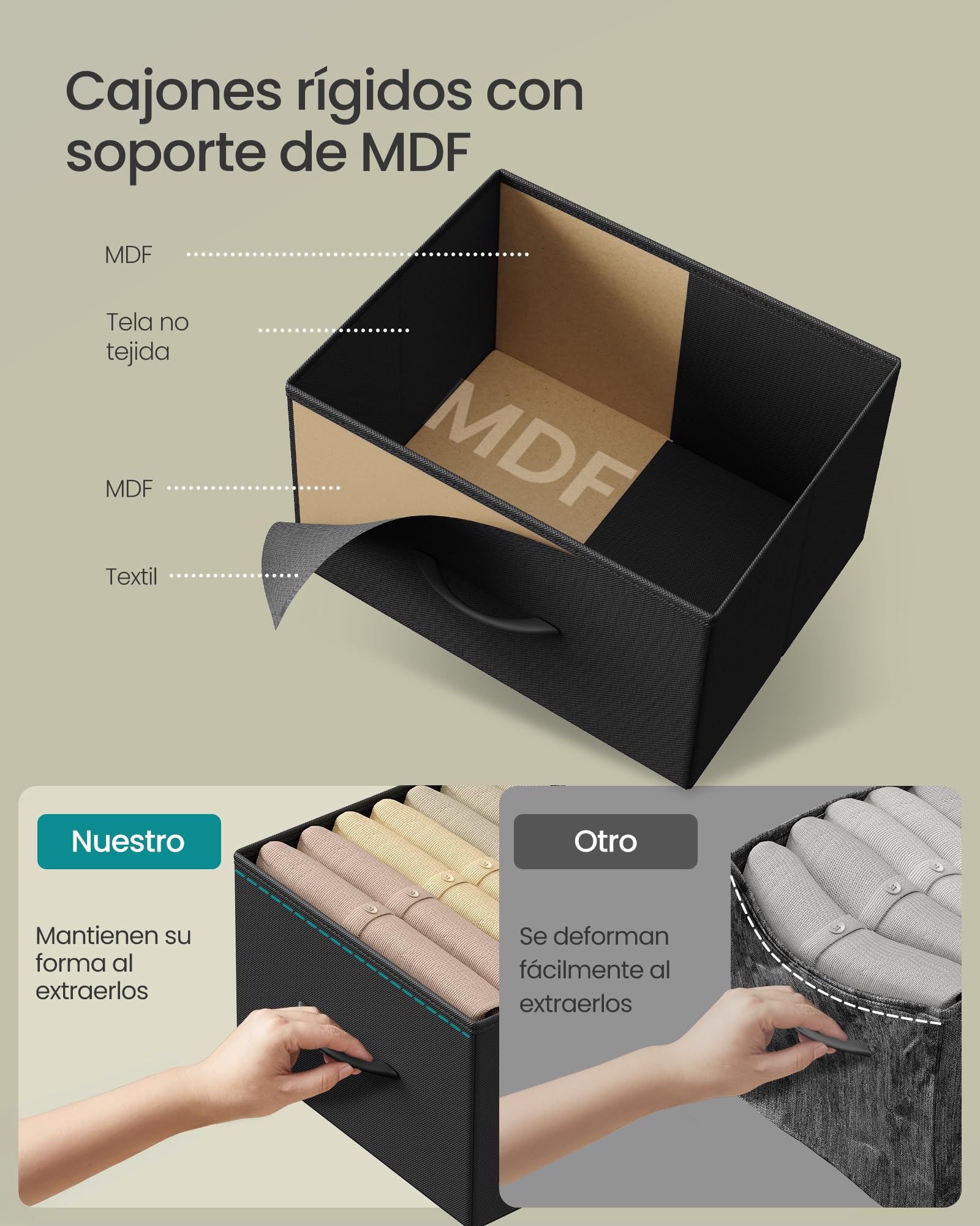 SONGMICS BELLAH Colección - Cómoda, 5 Cajones de Tela, Acero, MDF, Tela no Tejida, para Dormitorio, Armario, Pasillo, Salón, Negro Tinta y Negro Ébano LGS315BH03