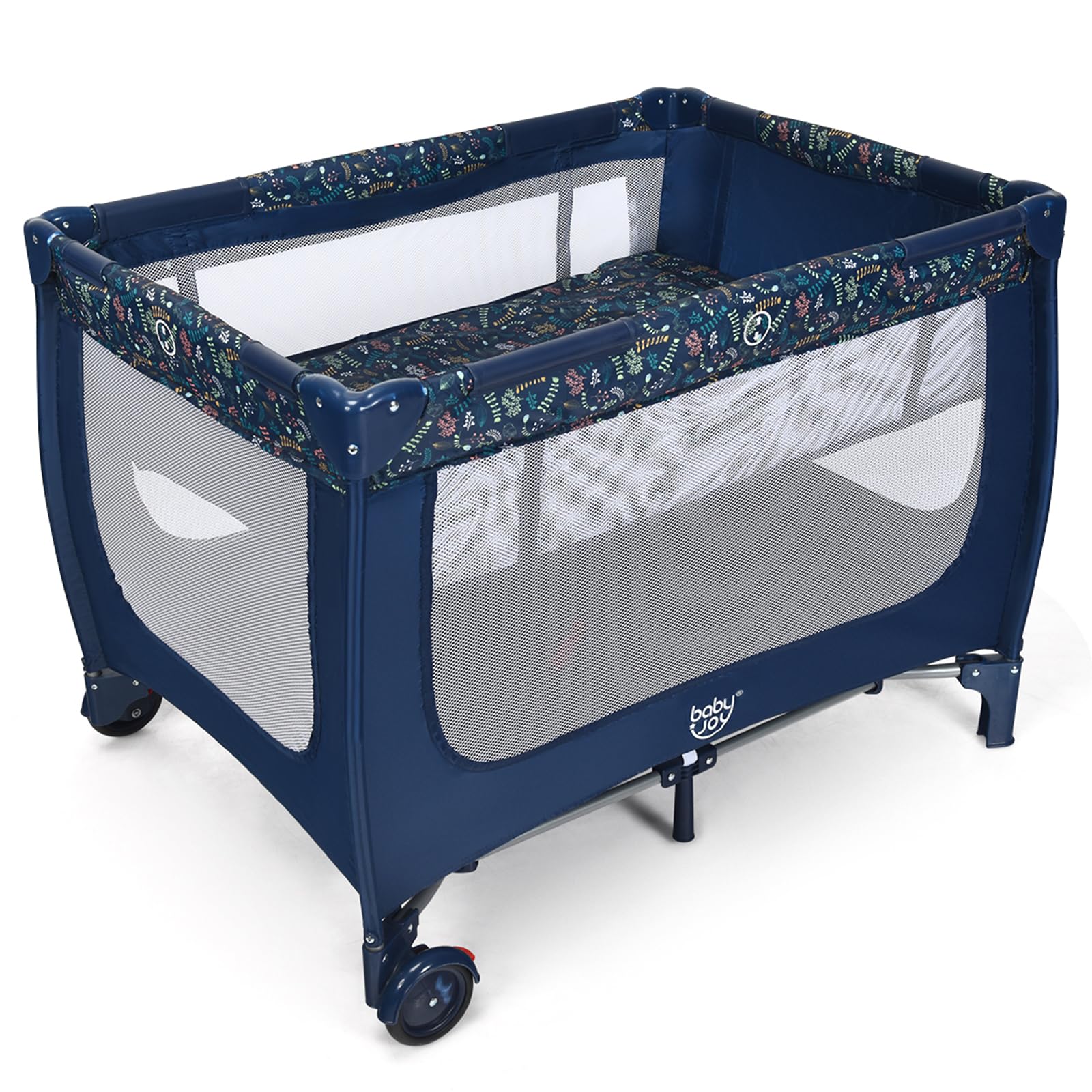 COSTWAY Lettino da Campeggio con Materasso, Lettino per Bambini Pieghevole, Culla da Viaggio Portatile con 2 Ruote, Per Bambini 0-36 Mesi, 125 x 65 x 76 cm (Blu)