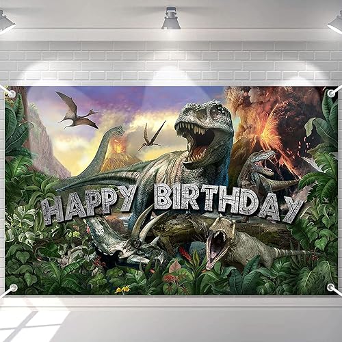 Avezano Telón de fondo de cumpleaños de dinosaurio jurásico con temática de dinosaurio jurásico, pancarta de feliz cumpleaños, decoraciones de