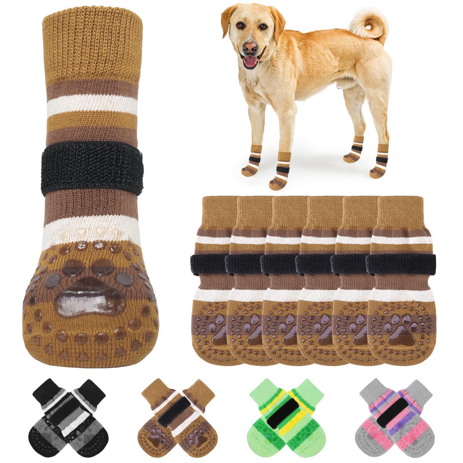 KOOLTAILAnti Slip Dog Socks with Grippers, 3 Pairs Easter Day Paw Protector to Prevent Licking Paws with Adjustable Straps, Double Sides Stripe Dog Shoes for Small Medium Large Senior Dogs (Brown M)