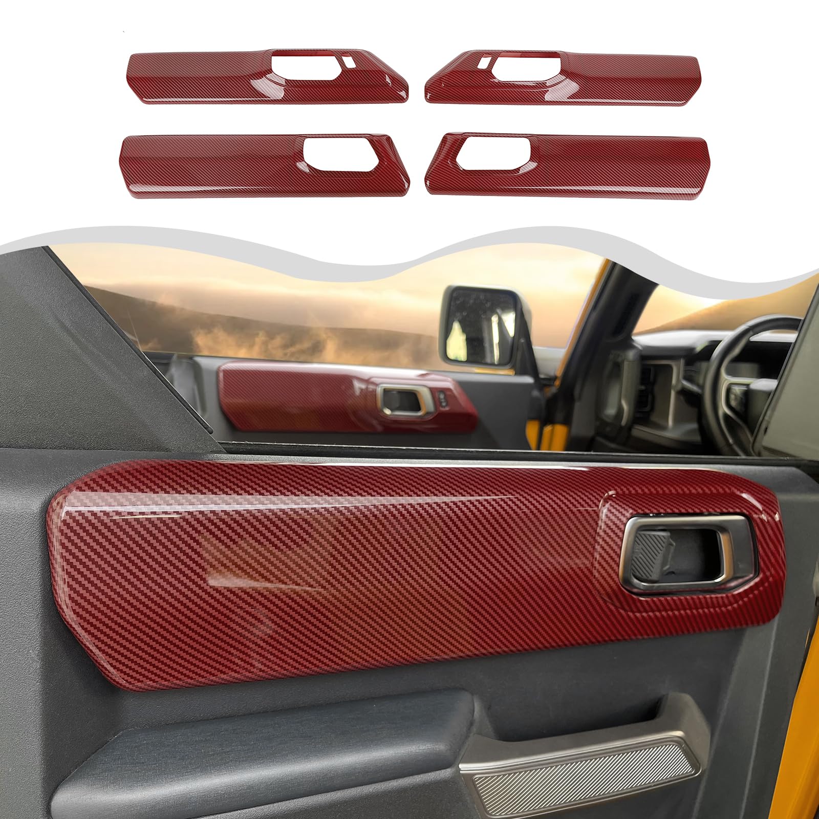 Interior Grab Door Handle Panel Cover Compatible with Ford Bronco 2021-2024+ 4-Doors (Red Carbon Fiber)