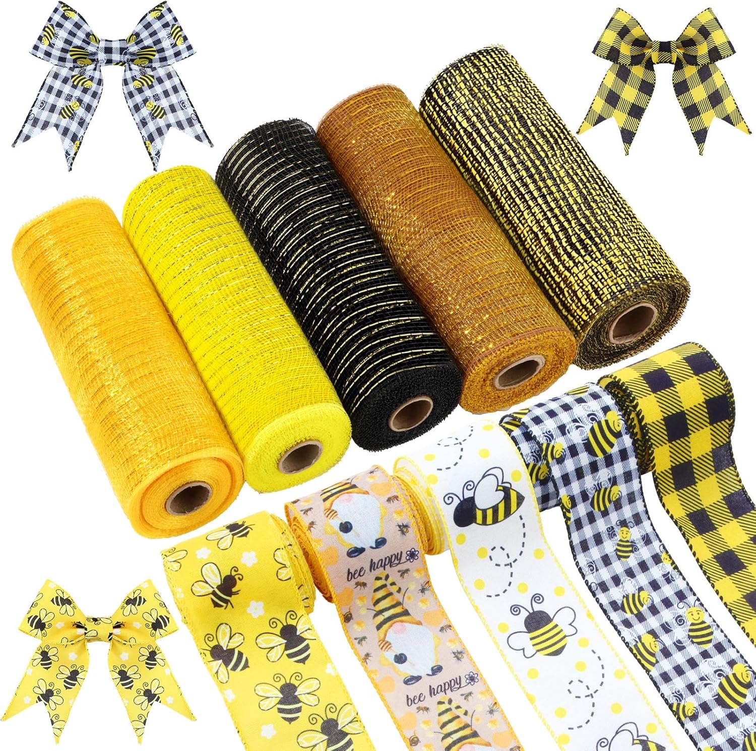 Woanger 10 Rolls Bee Ribbon Including 5 Rolls Decor Mesh Ribbon 5 Rolls Wired Edge Ribbon Spring Summer Metallic Foil Mesh Ribbon Wreath Supplies Wrapping Ribbon Decorative for DIY Home Craft