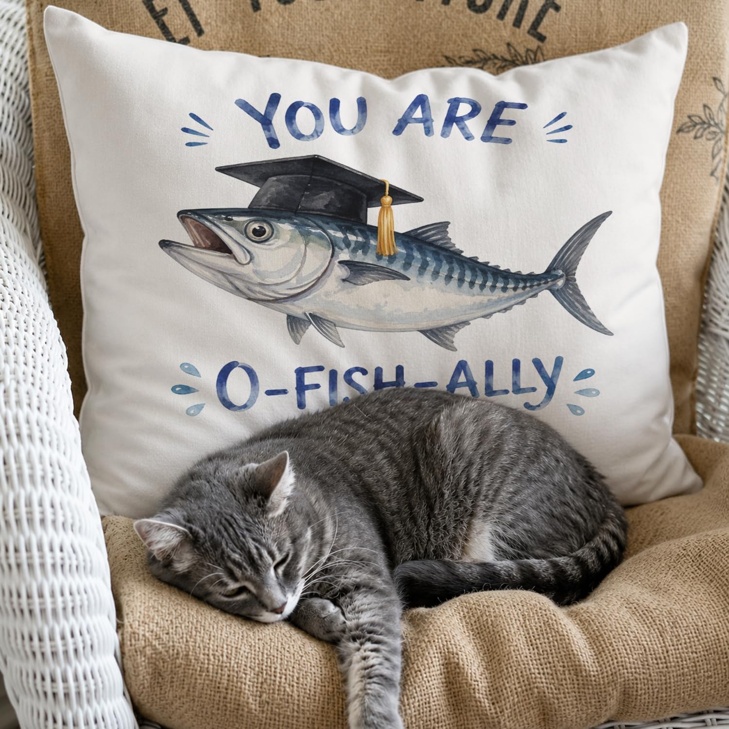 Funny Fish You are O-Fish-Ally a Graduate Throw Pillow Cover 18x18 Inch, Humorous Graduation Cap Lumbar Pillow Case for Couch Sofa Bedroom Dorm, Funny Graduation Gifts Class of 2026 image 3