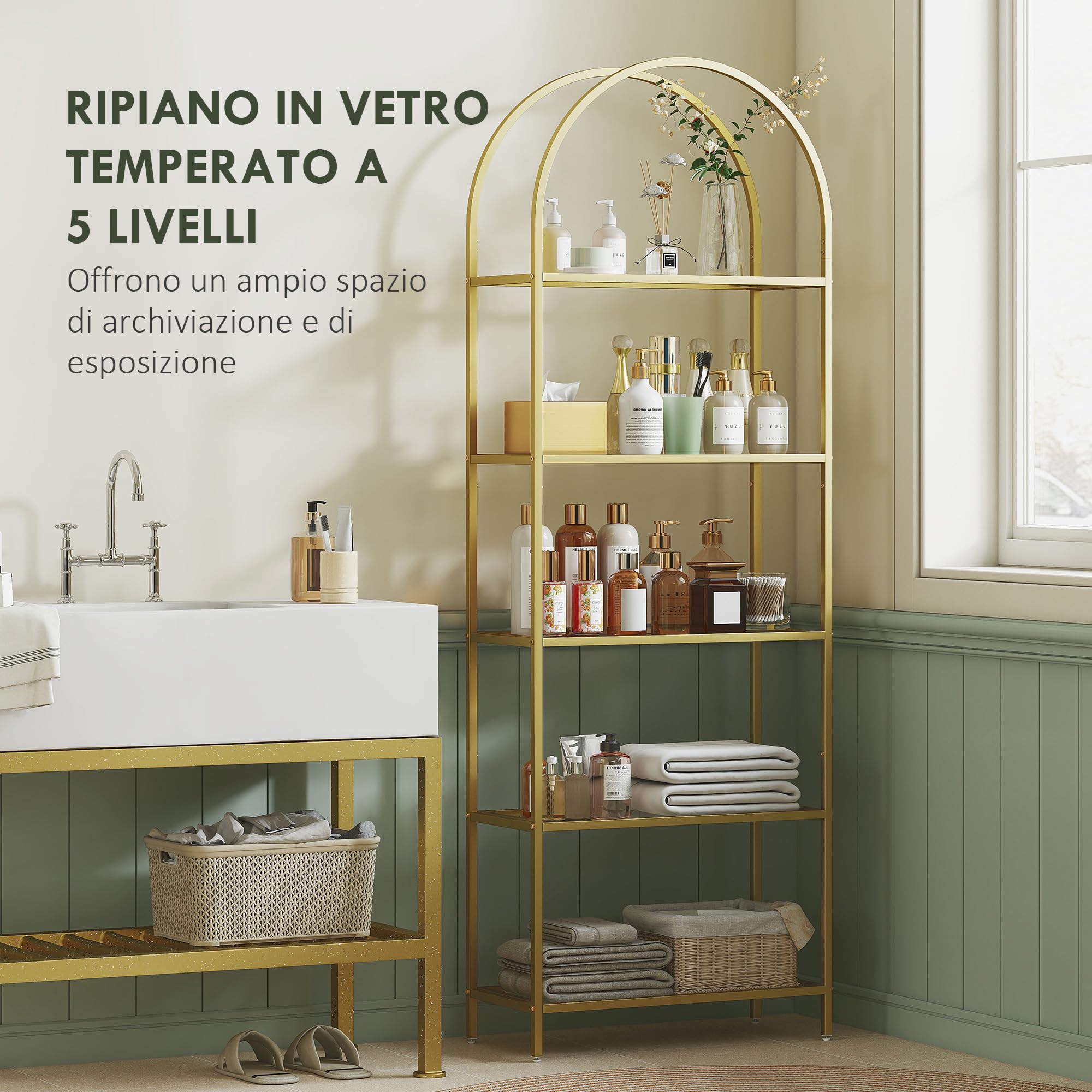 HOMCOM Libreria Scaffale ad Arco a 5 Ripiani, Scaffale Portaoggetti Moderno in Vetro Temperato con Struttura in Acciaio, per Bagno, Soggiorno, Camera da Letto, Studio e Ufficio, 60x30x175 cm, Oro