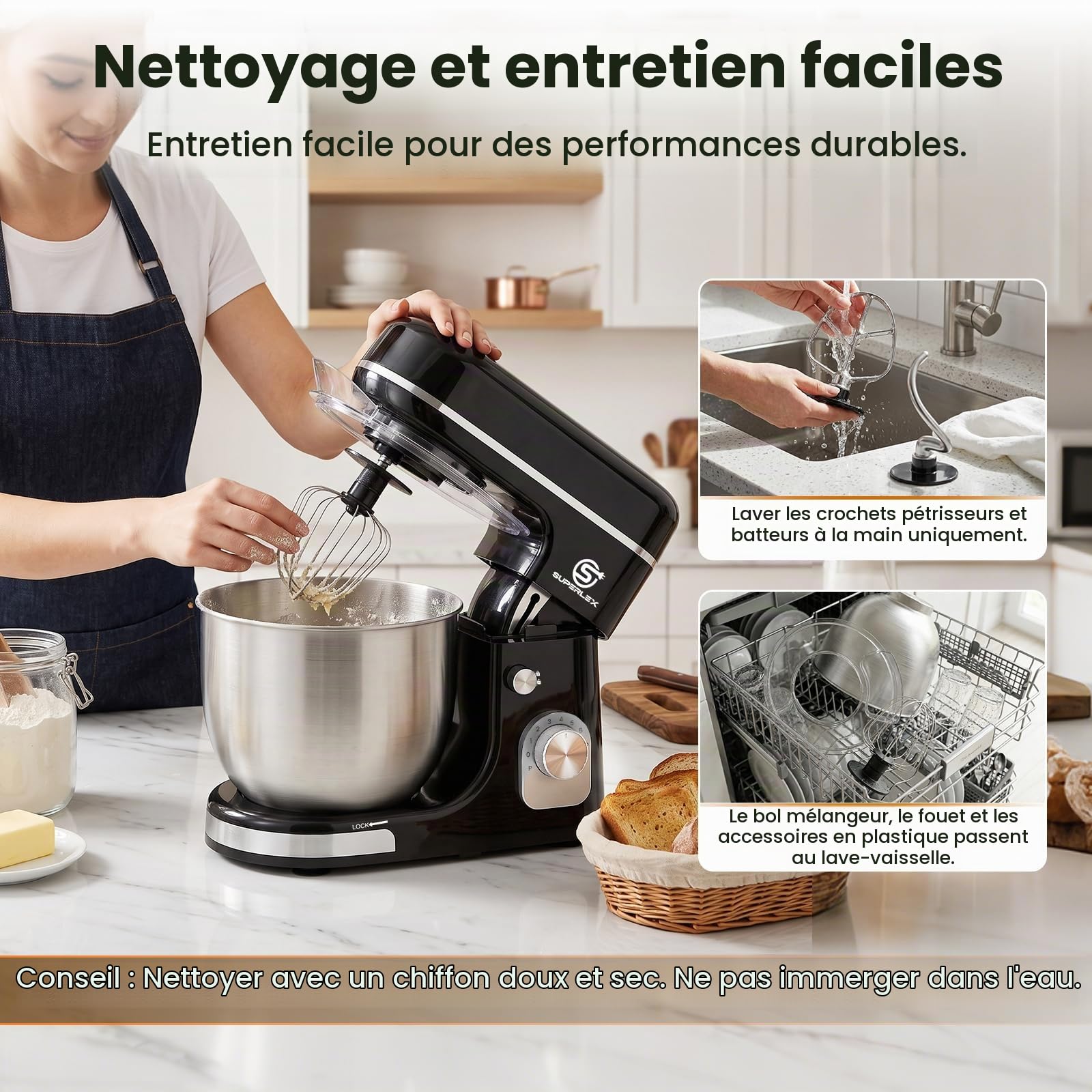 Robot de Cuisine 3 en 1 avec 1300W et Bol en Acier Inoxydable 5L Robot Multifonction avec 8 Vitesses Pétrin et Mixeur avec Crochet à Pâte, Batteur Plat et Fouet pour Pâtes Crèmes Sauces